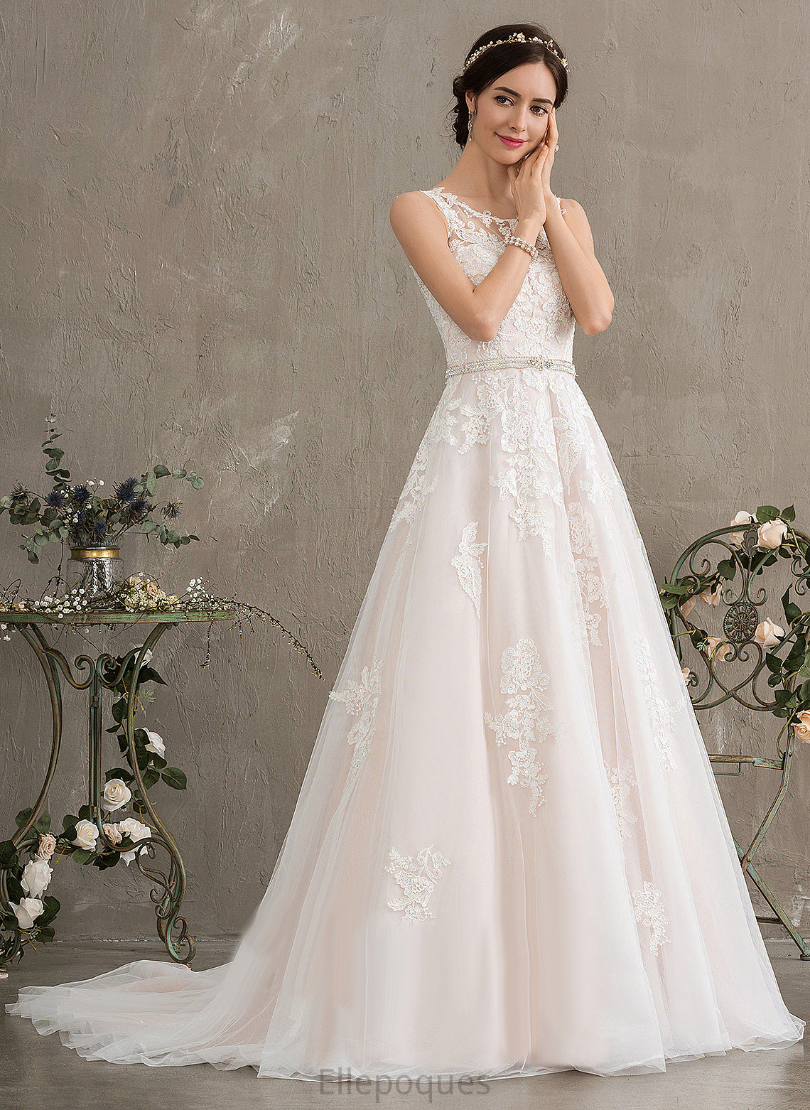 Lace Sequins Court Train Dress Beading Wedding With Neck Scoop Wedding Dresses Kristen Ball-Gown/Princess Tulle