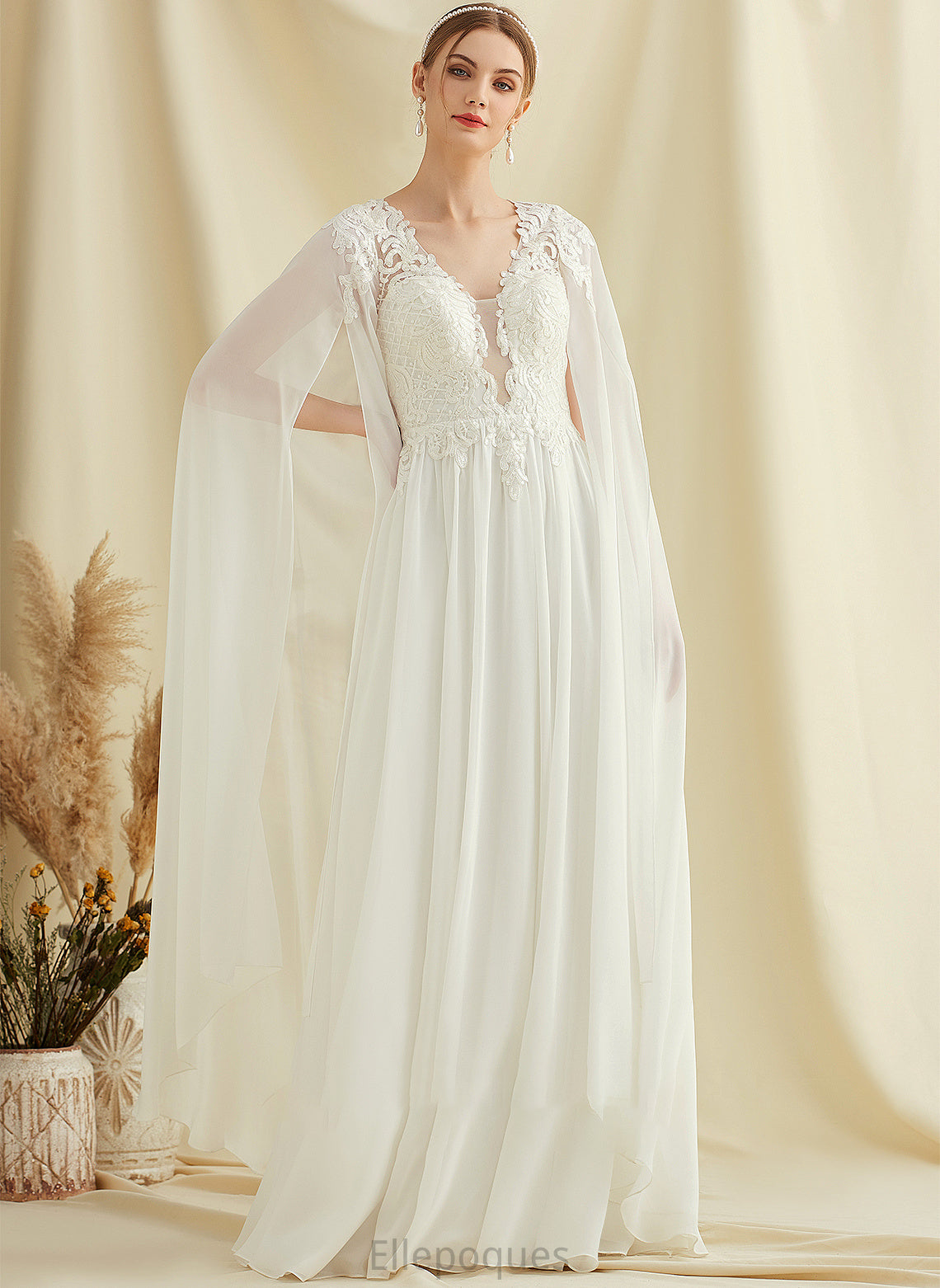 Wedding Dresses With Wedding Chiffon A-Line Dress Sequins Floor-Length V-neck Mariah Lace