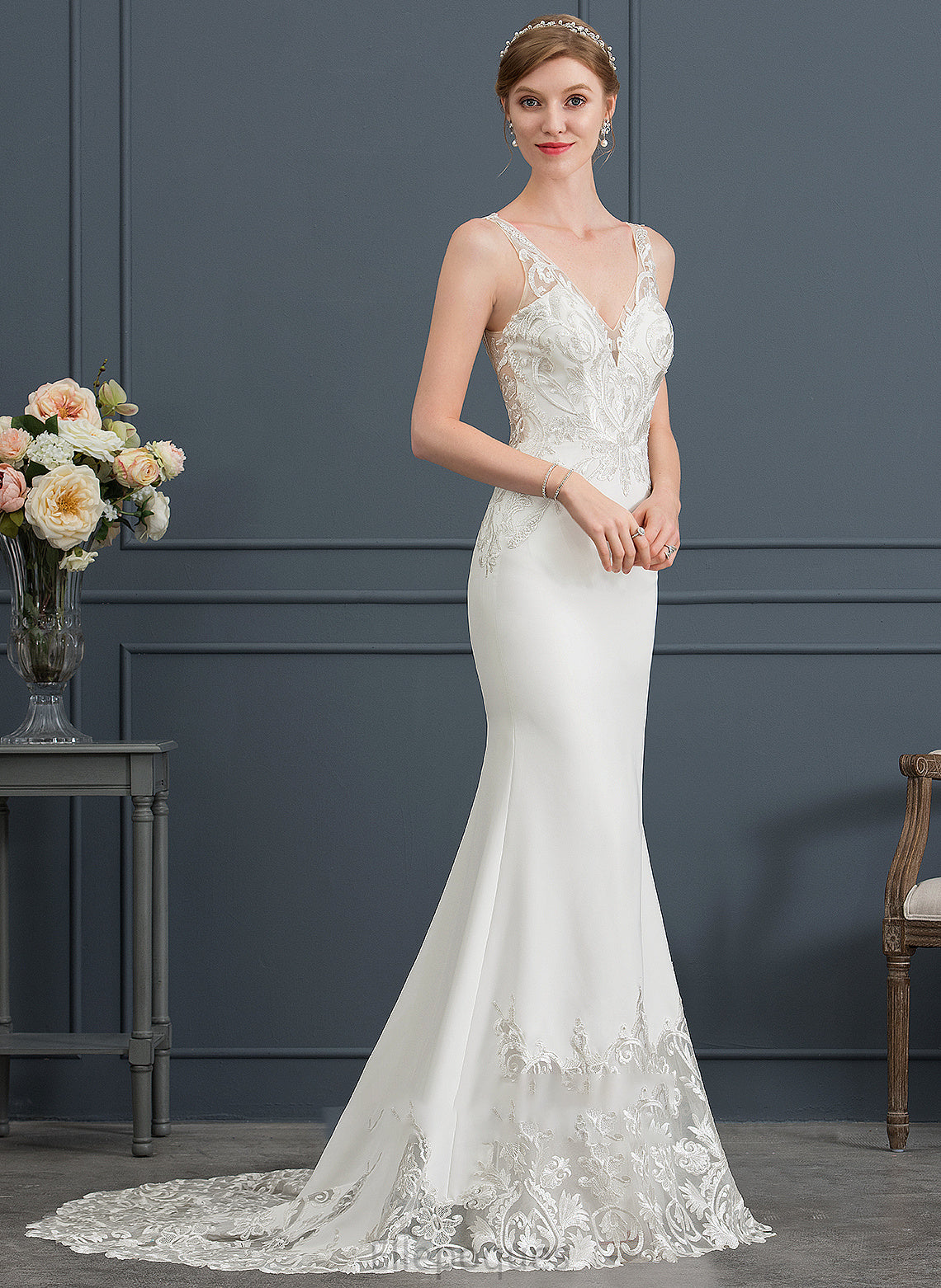 Trumpet/Mermaid Crepe Nyla Stretch V-neck Wedding Court Train Dress Wedding Dresses