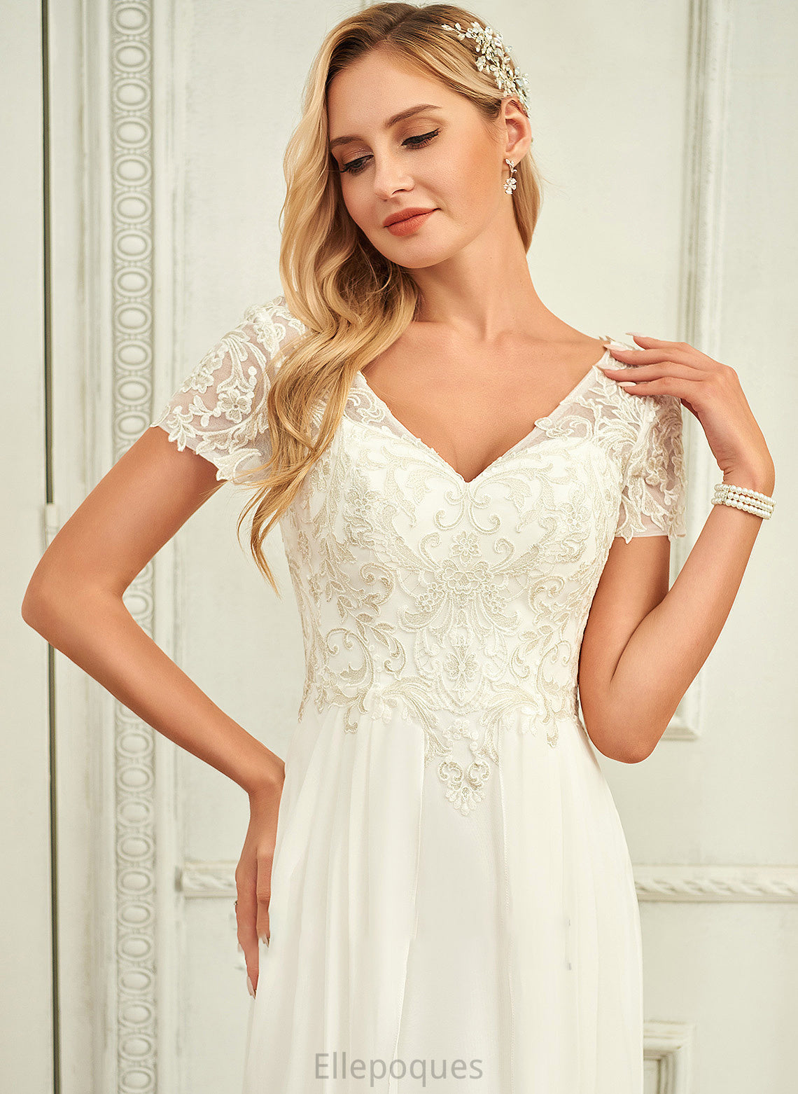 Jazmin Wedding V-neck Chiffon Wedding Dresses Lace A-Line Dress Lace Floor-Length With