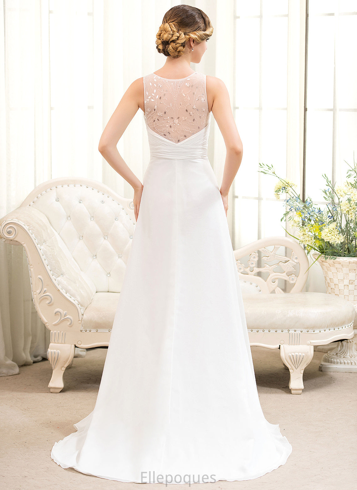 V-neck Beading With Wedding Sequins Ruffles A-Line Train Lesly Sweep Dress Chiffon Wedding Dresses Cascading