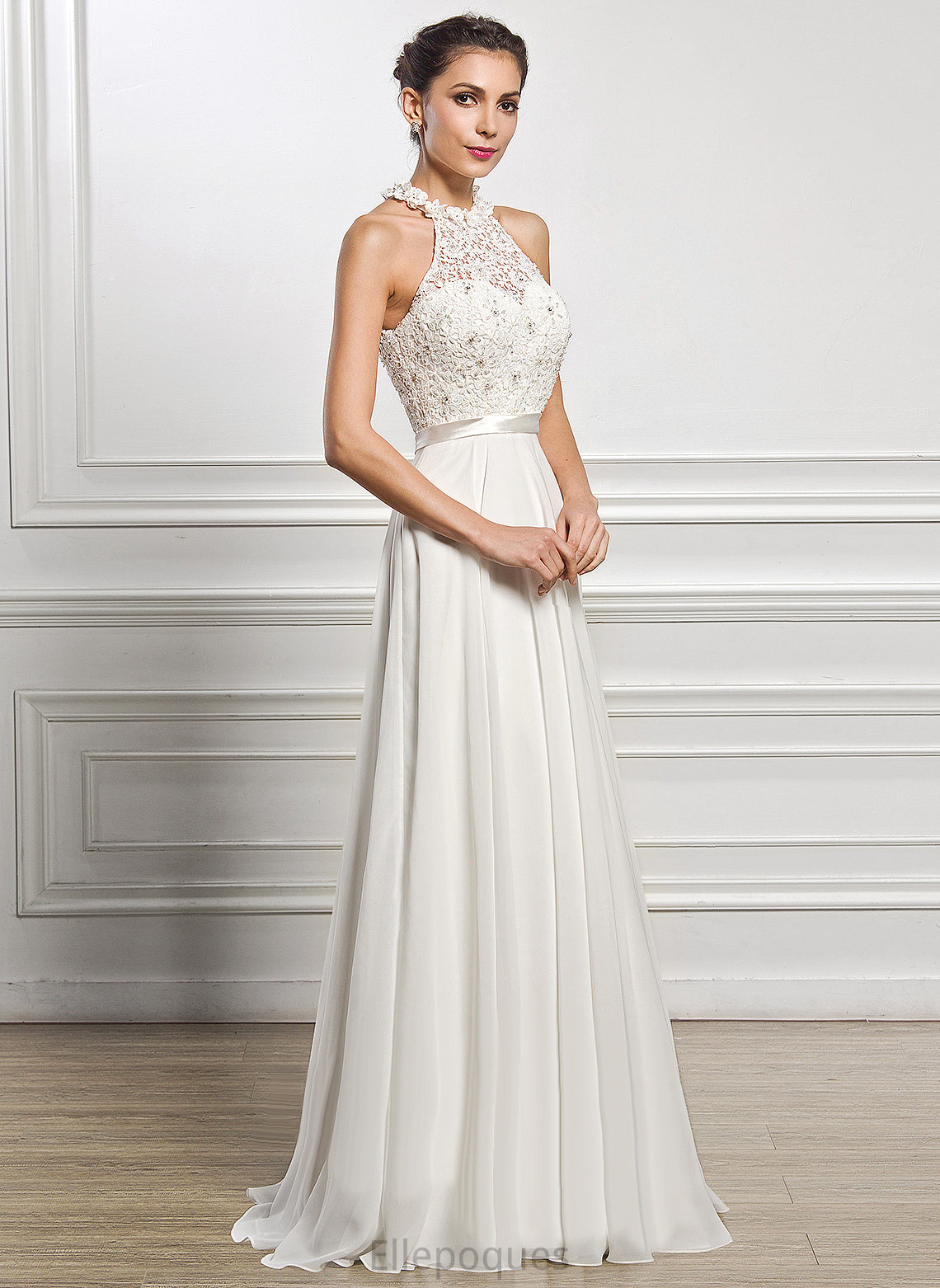 Wedding Floor-Length Wedding Dresses Chiffon A-Line Dress Lace With Angel Beading Sequins