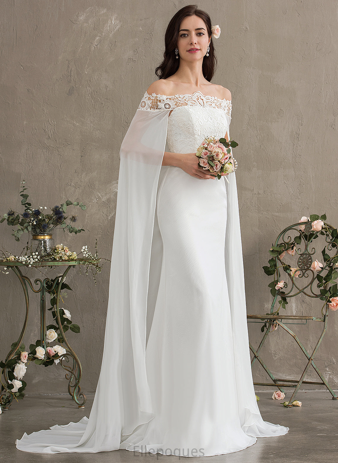 Off-the-Shoulder Lace Court Wedding Chiffon Train Lace Sheath/Column Dress Wedding Dresses With Hadassah