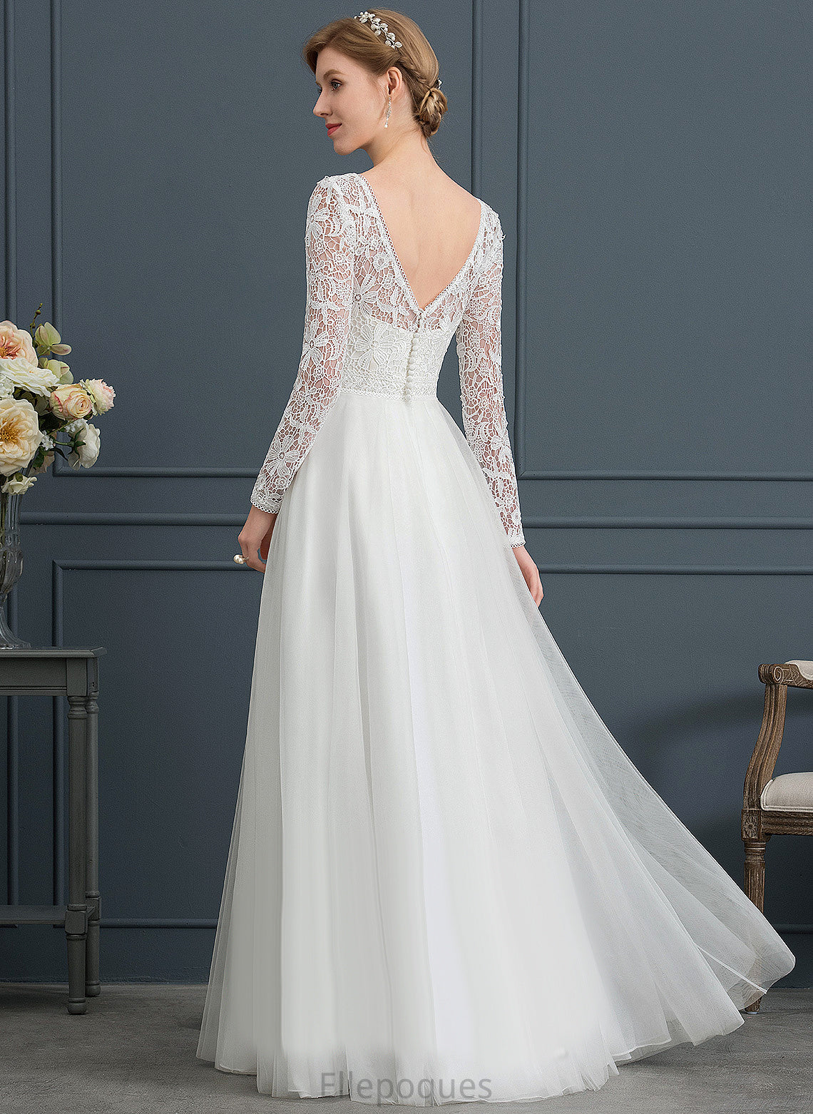 Lace Floor-Length A-Line Ingrid Wedding Tulle Wedding Dresses V-neck Dress