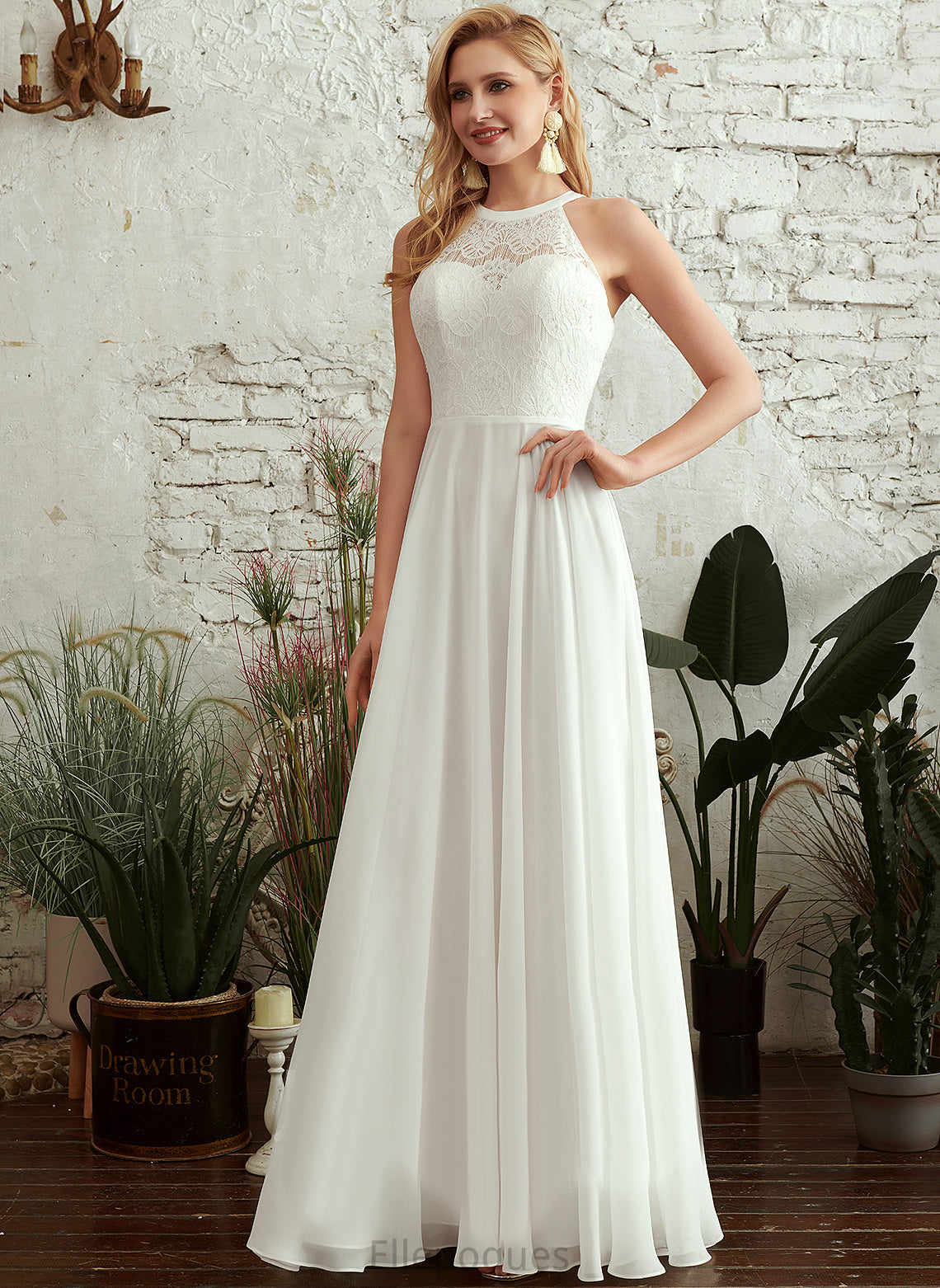 Ashtyn Floor-Length A-Line Wedding Dresses Wedding Lace Scoop Dress Chiffon