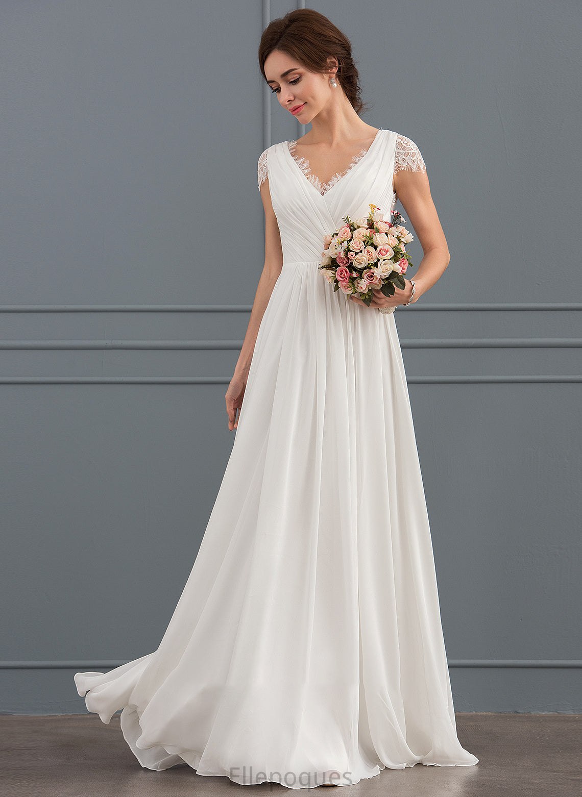 With Wedding Dresses V-neck Wedding Floor-Length Dress Lace Chiffon Ruffle A-Line Destiny