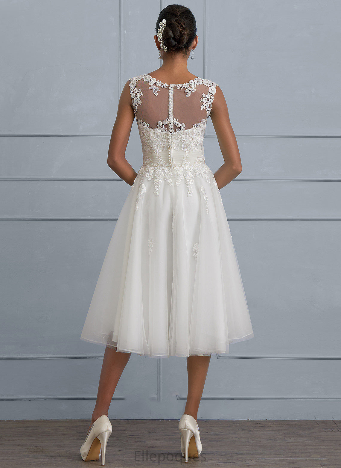 Krystal Tulle Wedding Dresses Illusion A-Line With Ruffle Asymmetrical Wedding Dress