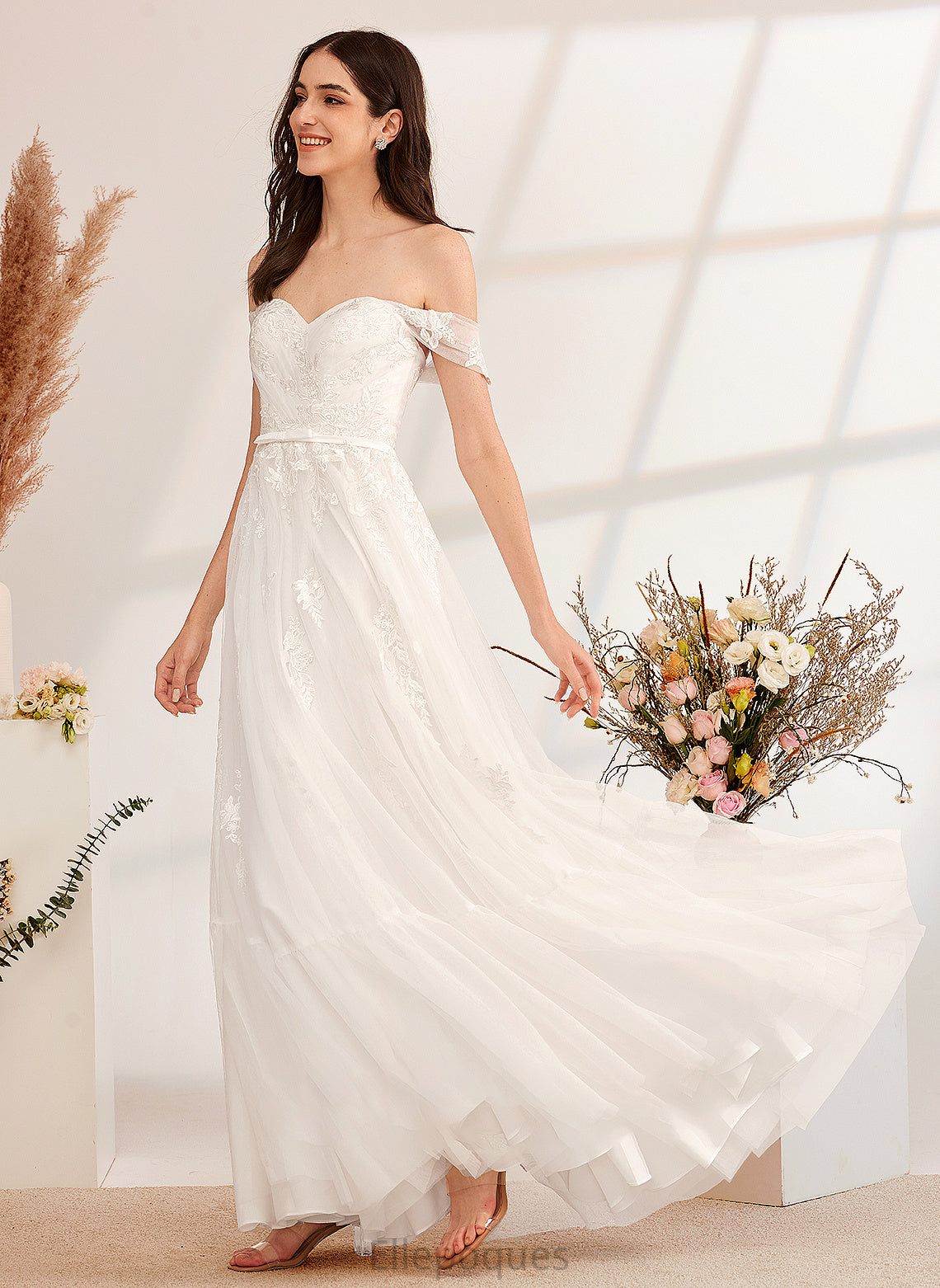 Beading Sequins Floor-Length A-Line Wedding Off-the-Shoulder Julia Dress Wedding Dresses With