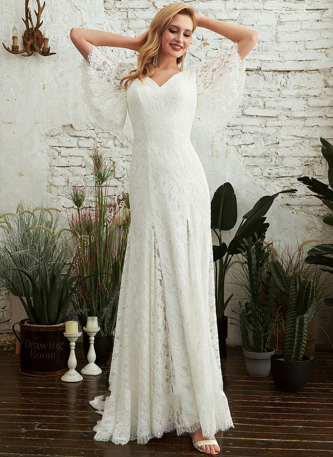 Jo Front Sheath/Column V-neck Sweep Split With Dress Train Wedding Wedding Dresses