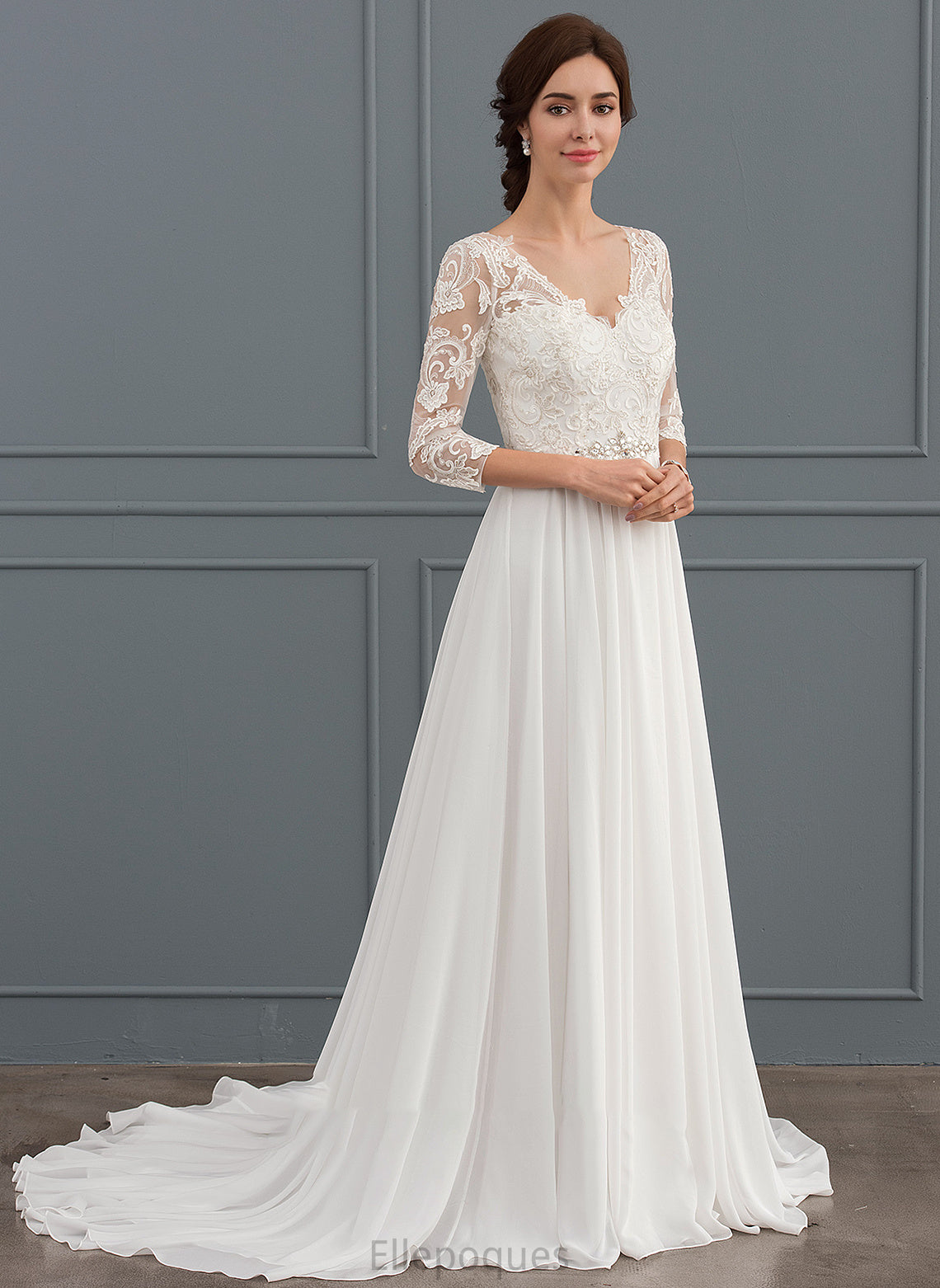 Wedding Dresses Train V-neck Dress Estrella Chiffon Beading Wedding Sweep With Lace Sequins A-Line