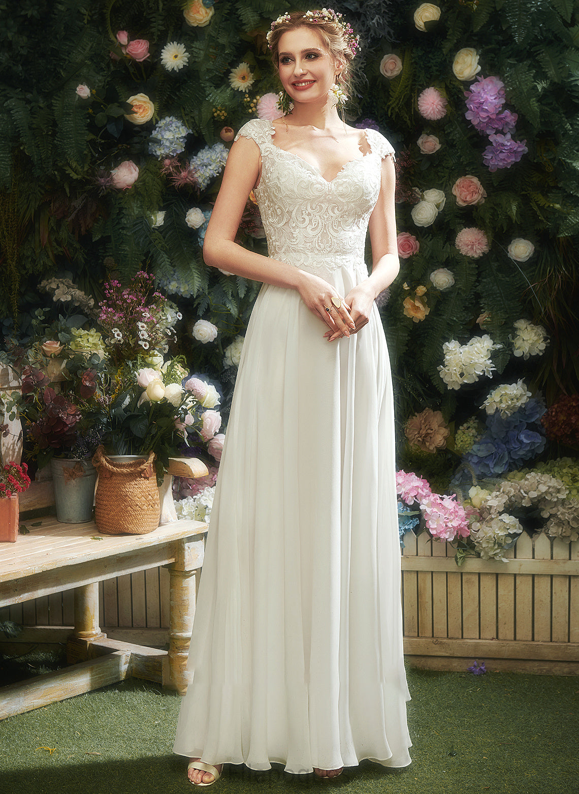 With Lace V-neck Alicia A-Line Dress Floor-Length Wedding Wedding Dresses