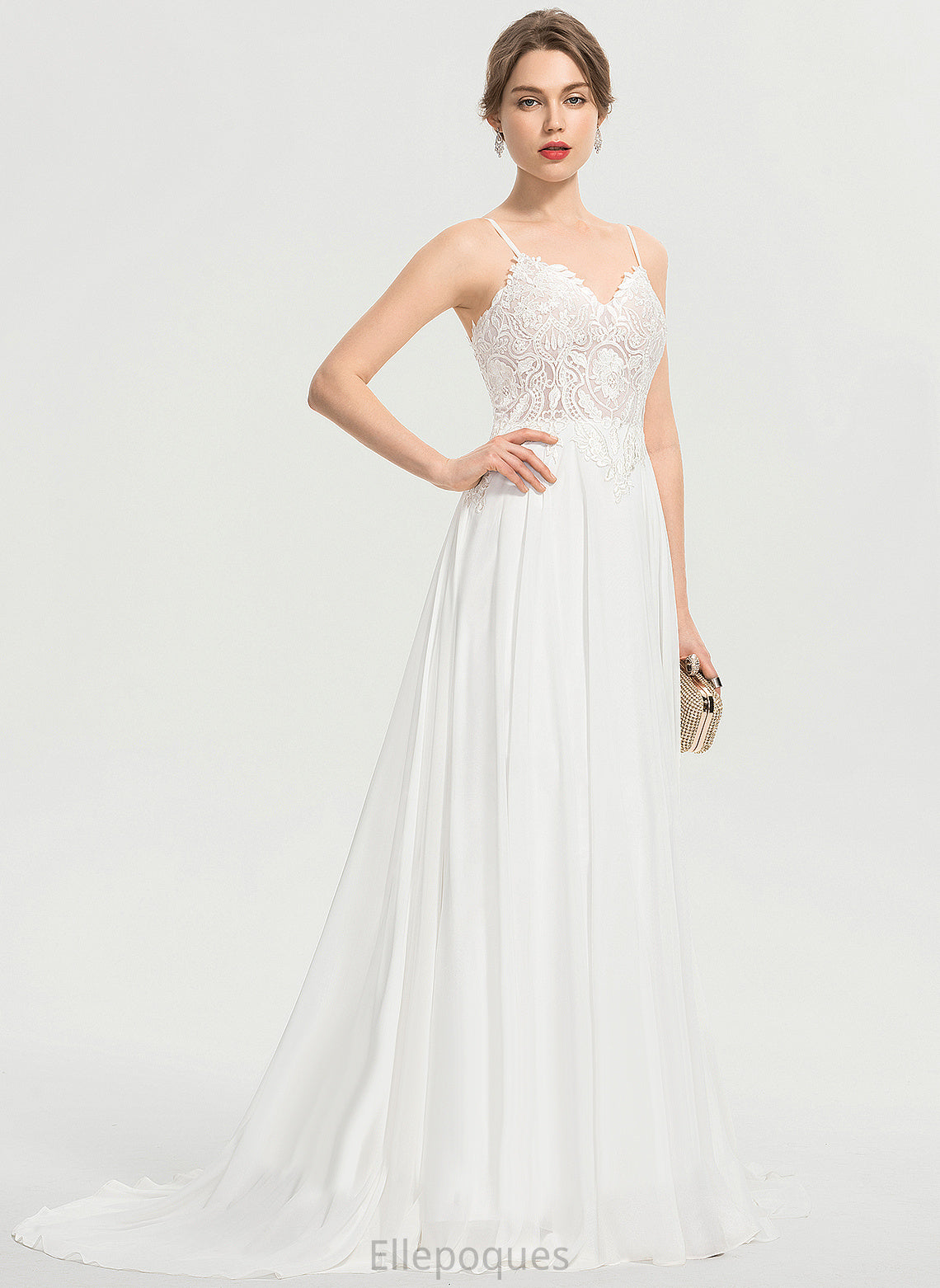 Lace Dress Front Teresa With Train Wedding Sweep Split A-Line Wedding Dresses V-neck Chiffon