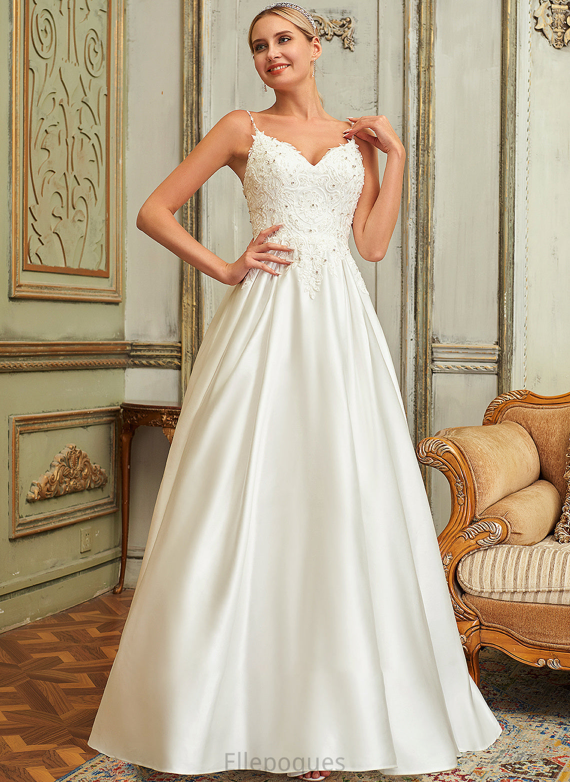 Jacquelyn Satin Beading Ball-Gown/Princess Train V-neck With Dress Lace Wedding Dresses Sweep Sequins Wedding Pockets Lace