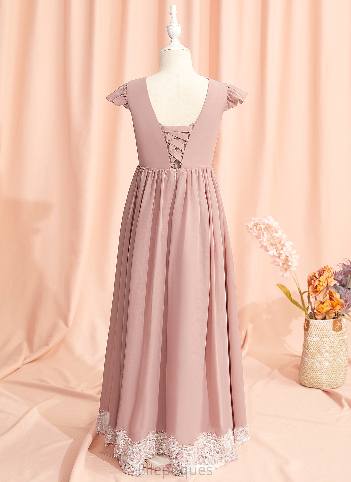 A-Line Scoop Short Back - Floor-length Chiffon/Lace Girl Neck Dress With Flower Lace/V Flower Girl Dresses Isabella Sleeves