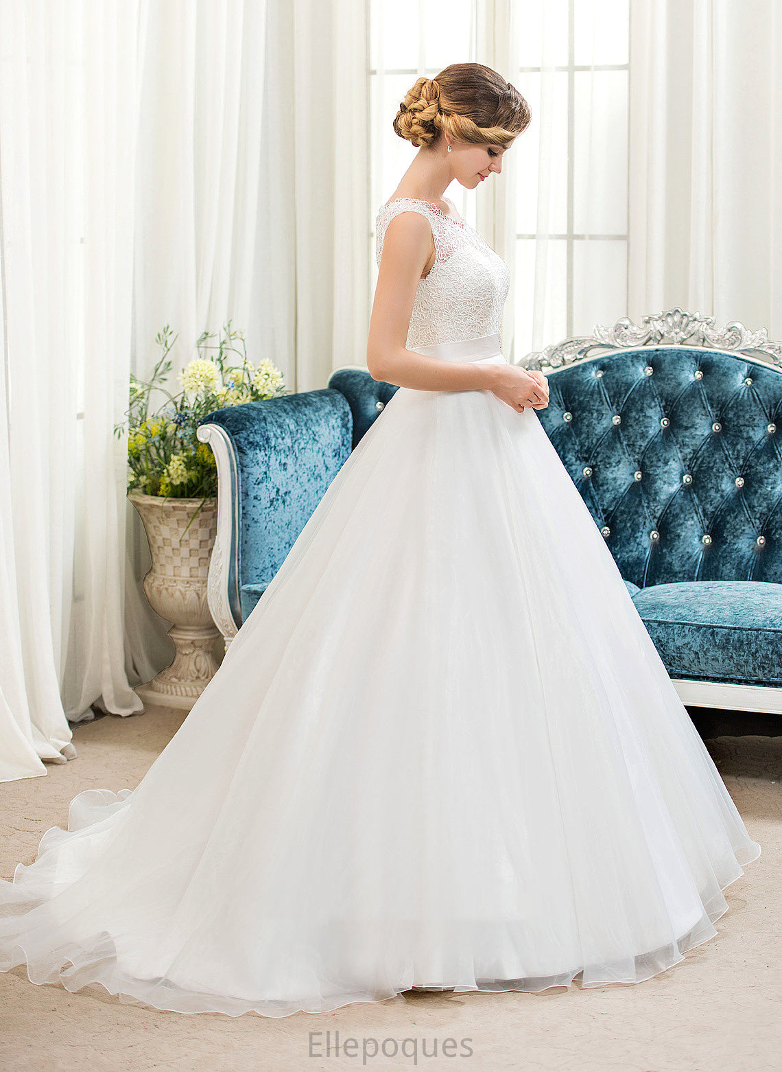 Neck With Sweep Ball-Gown/Princess Beading Organza Wedding Dresses Lace Train Dress Pearl Sequins Wedding Scoop