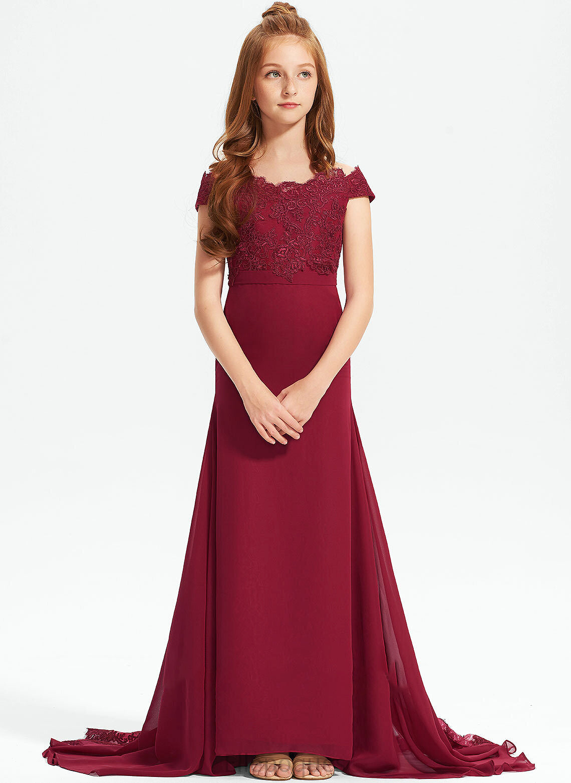 Lace Trumpet/Mermaid Macy Train Off-the-Shoulder Junior Bridesmaid Dresses Chiffon Court