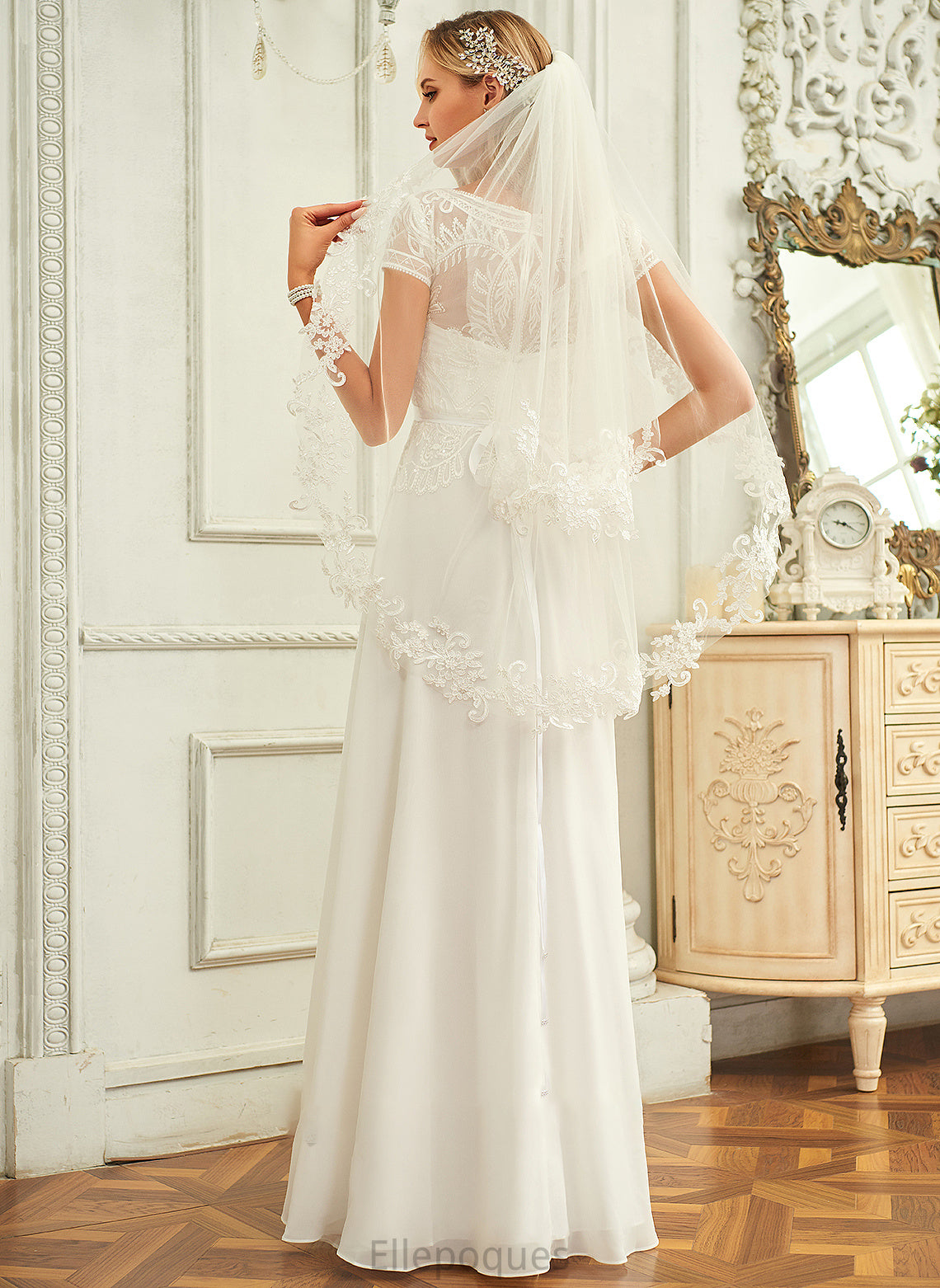 Neck Lace Floor-Length Wedding Dresses Wedding Sequins Chiffon With Scoop Dress Sloane A-Line