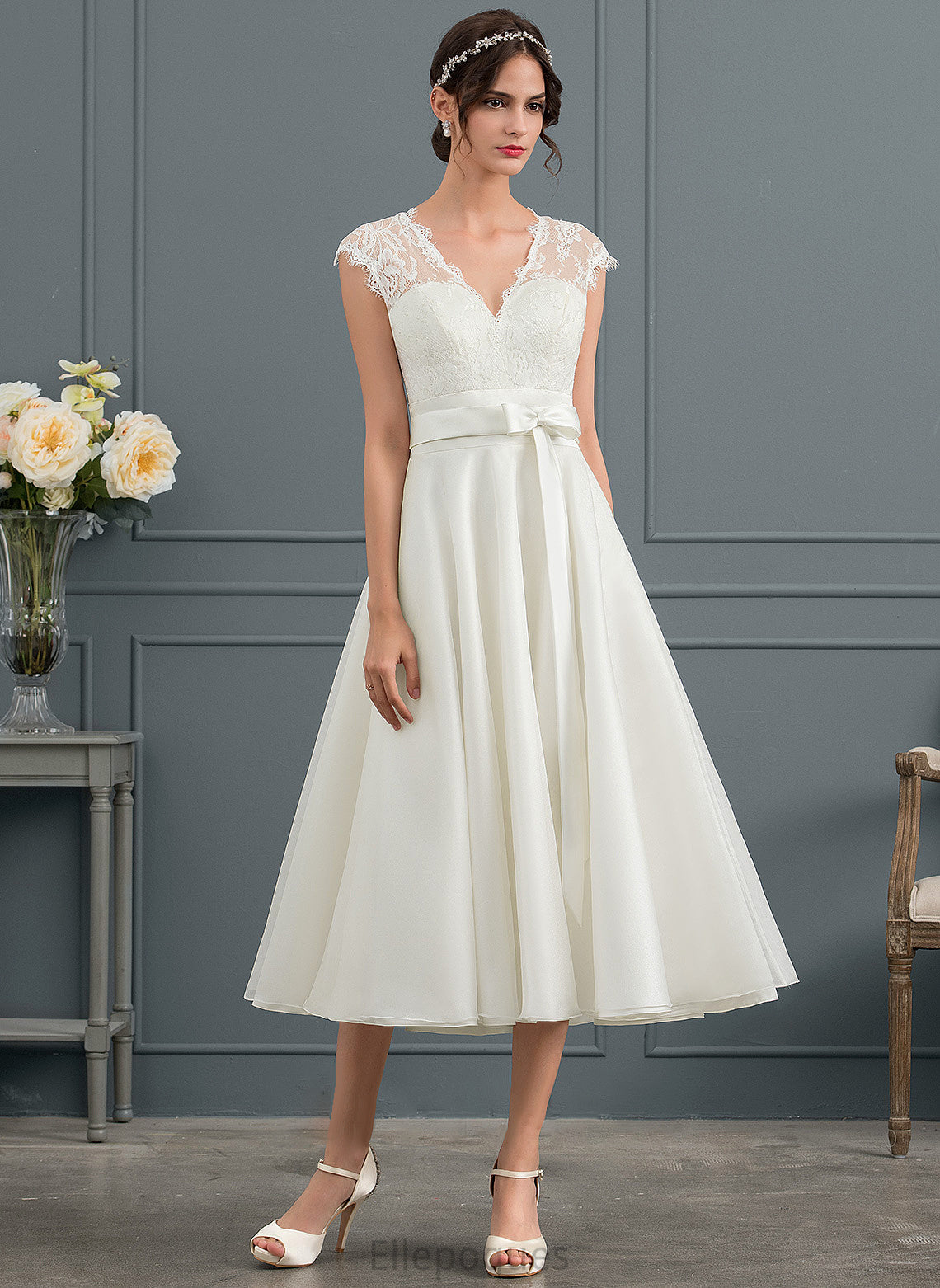 Satin Bow(s) Dress A-Line V-neck Wedding Tea-Length Wedding Dresses With Mya