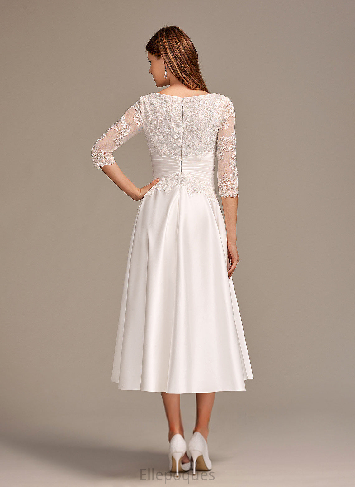 Wedding Mylie Dress Lace Wedding Dresses Satin A-Line Tea-Length Scoop