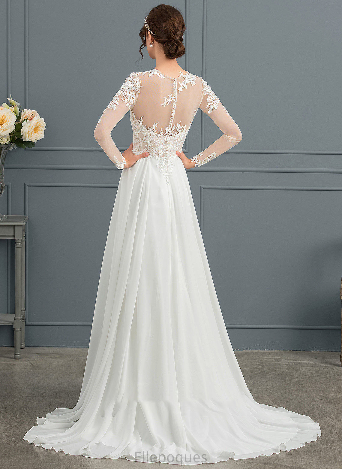 Wedding Dresses Sweep A-Line Train Illusion Appliques Harley Chiffon With Split Dress Wedding Front Lace