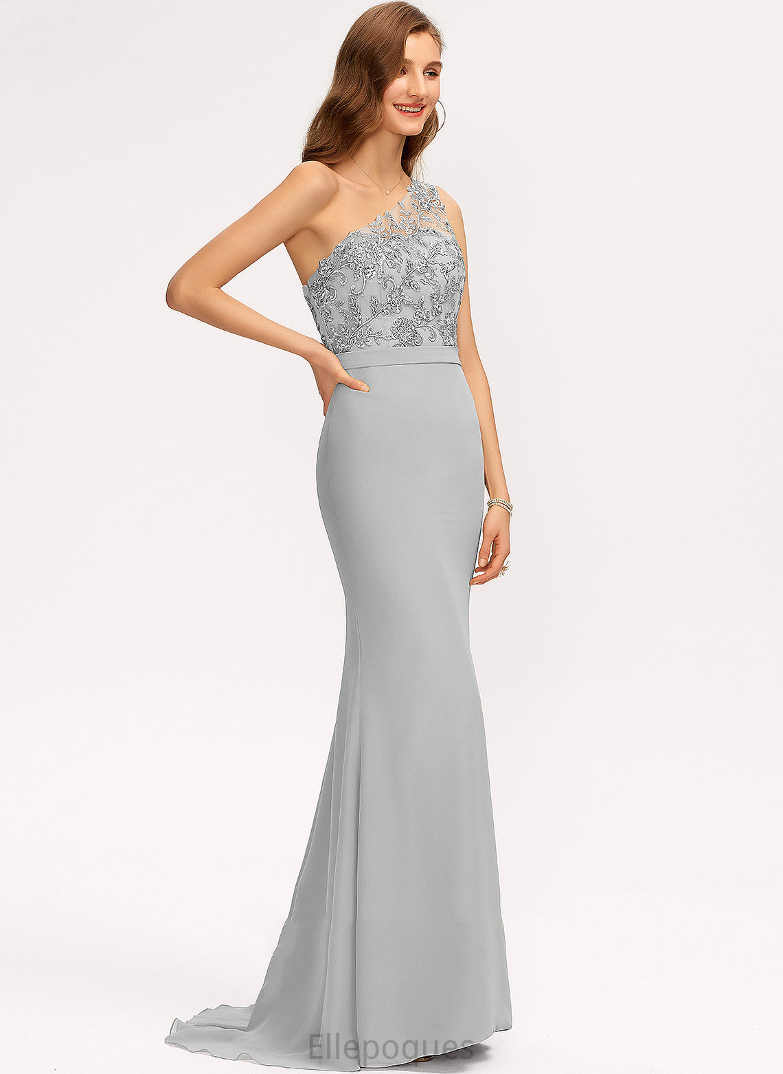 Neckline One-Shoulder SweepTrain Straps Fabric Silhouette Trumpet/Mermaid Lace Length Paola Natural Waist Floor Length Bridesmaid Dresses