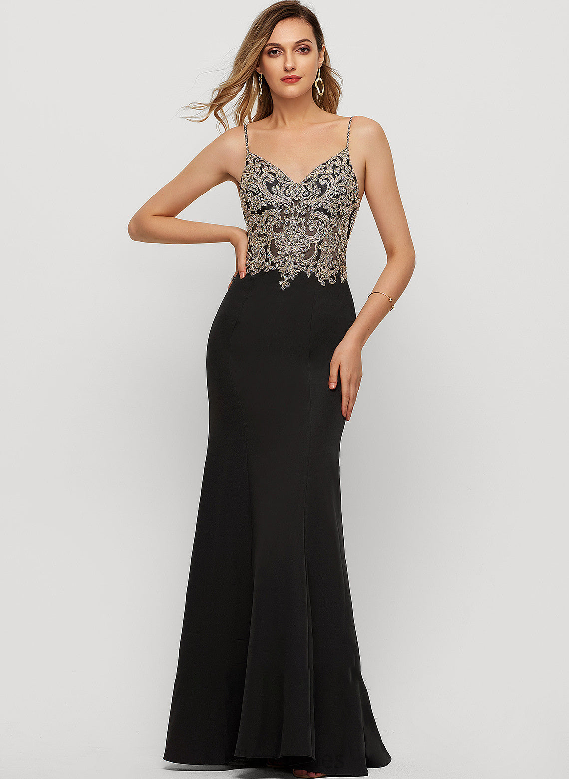 Prom Dresses With Beading V-neck Sequins Crepe Floor-Length Patti Trumpet/Mermaid Stretch