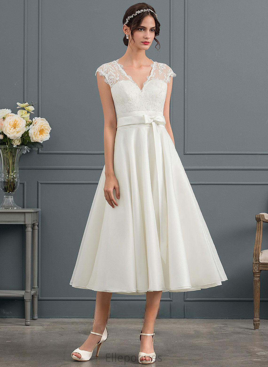 With Satin Dress Lace V-neck A-Line Tea-Length Bow(s) Wedding Dresses Wedding Zara