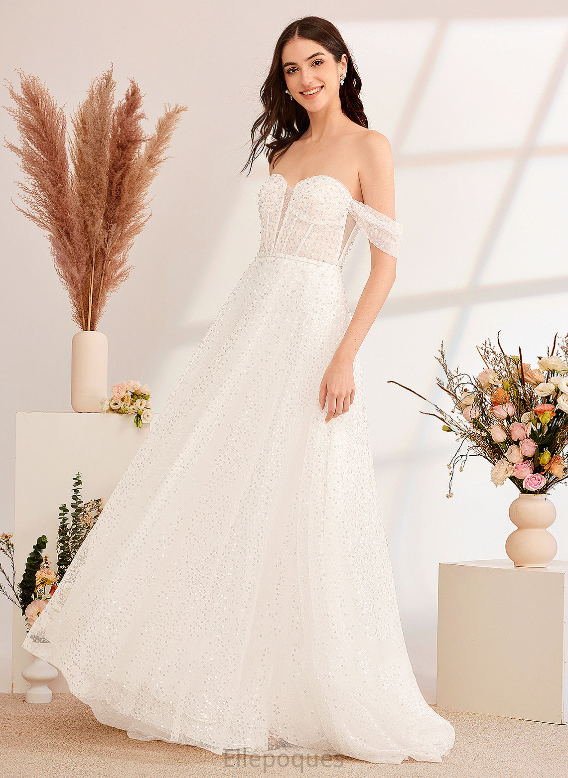 A-Line With Off-the-Shoulder Dress Valery Wedding Dresses Sweep Train Wedding Sequins