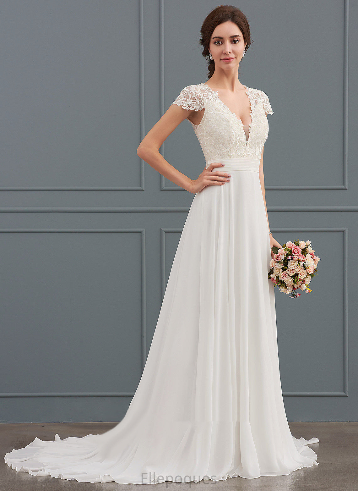 Nina Wedding V-neck Wedding Dresses Train With Sweep Ruffle Dress A-Line Lace Chiffon