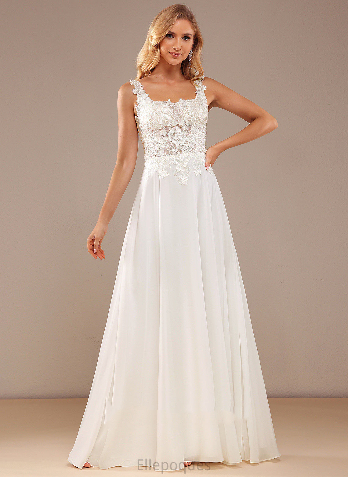 Chiffon Neckline Wedding Dresses A-Line Square Wedding Aubree Lace Floor-Length Dress Sequins With Lace