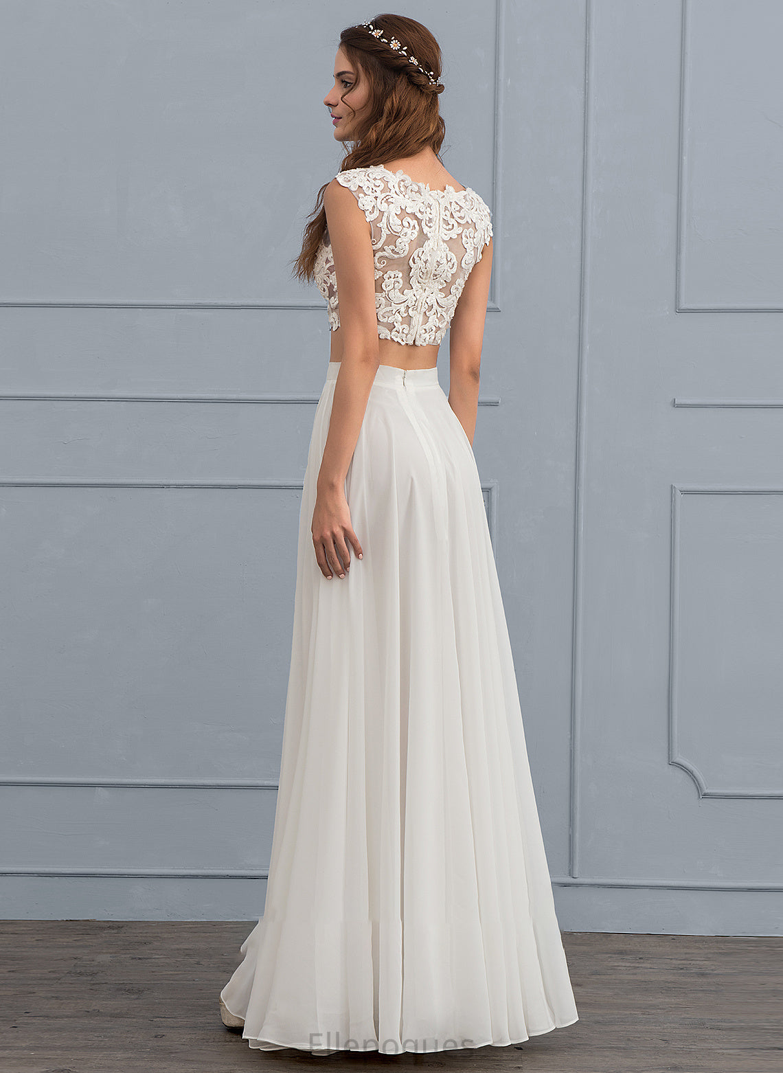 Nancy Floor-Length Scoop Dress Chiffon Wedding Dresses Neck Sequins Wedding A-Line With Beading