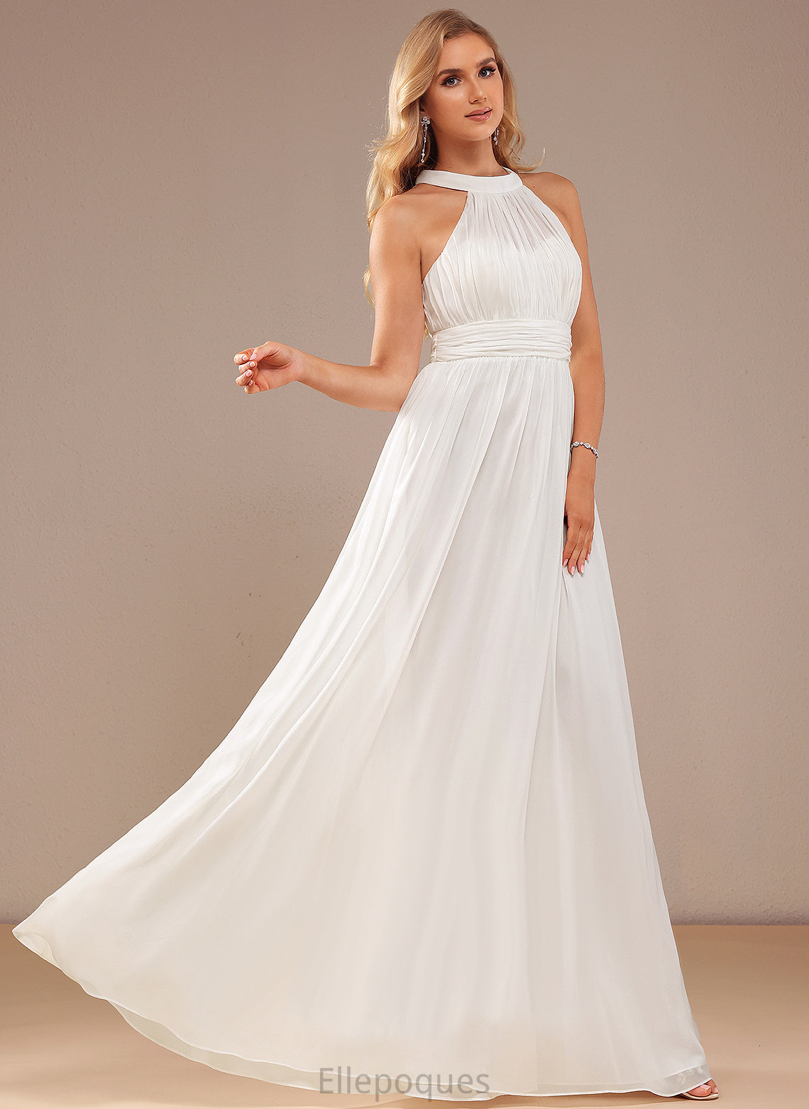 Wedding High Elyse A-Line Wedding Dresses Dress With Ruffle Neck Floor-Length Chiffon