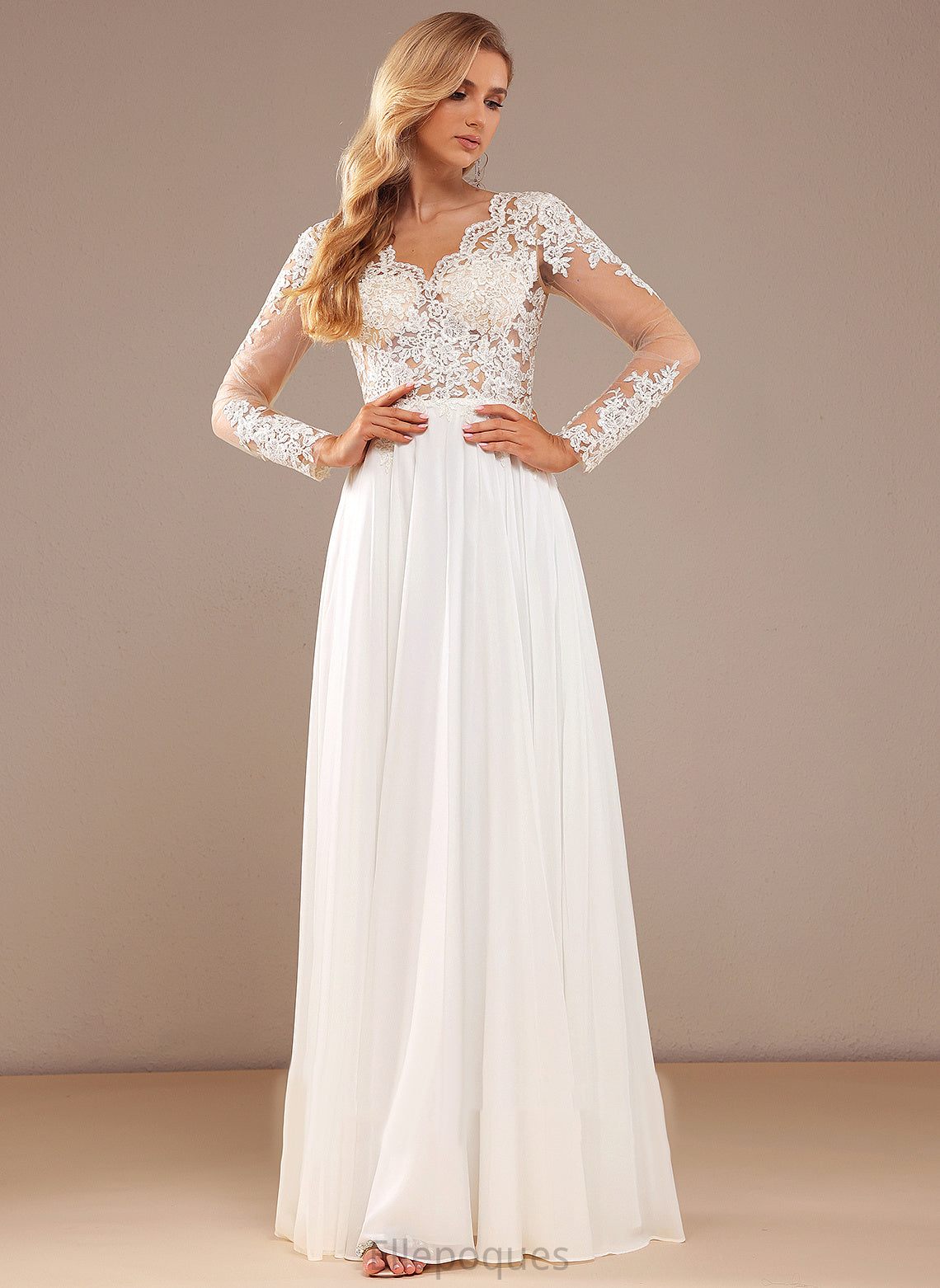 Sequins A-Line Dress Wedding Dresses V-neck Floor-Length Lace Chiffon Lace Wedding Ashlynn With