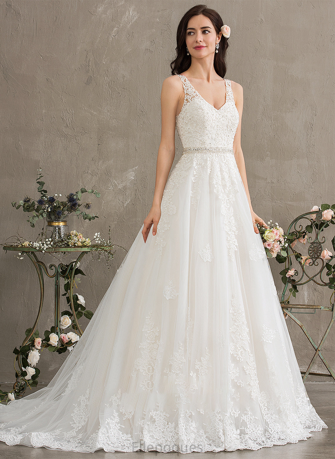 Court Ball-Gown/Princess Wedding Dresses Train Sequins V-neck Beading Dress Alexandra Tulle Wedding With