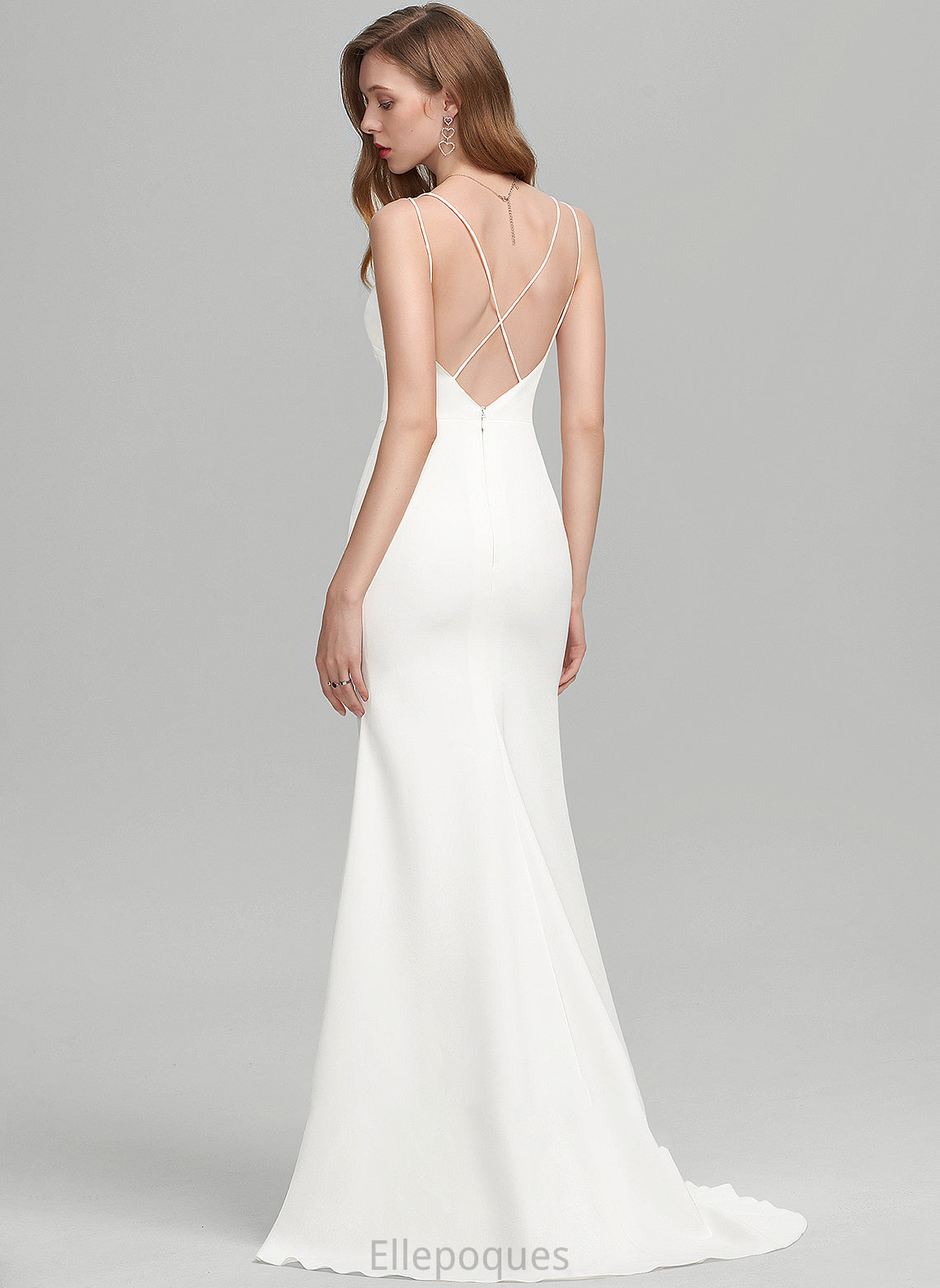 With Split Sweep Train Valery Sheath/Column Crepe Front Dress Wedding Wedding Dresses Bow(s) V-neck Stretch