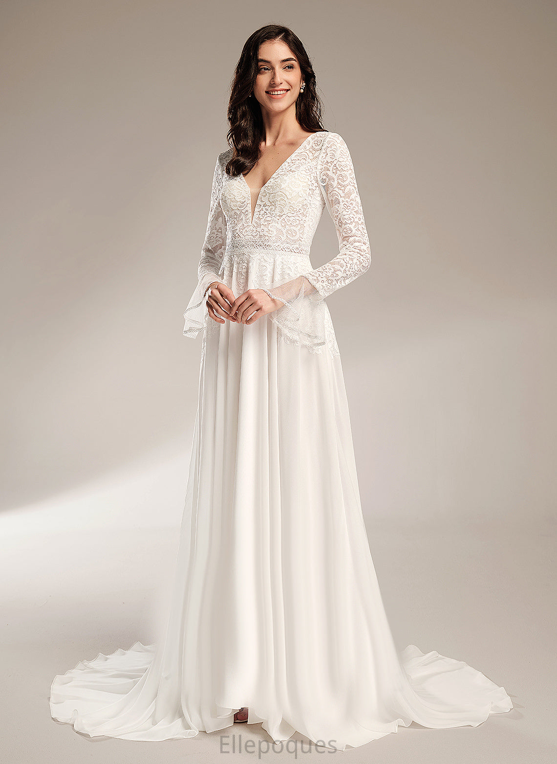 Mattie V-neck Ruffle With Train Dress A-Line Lace Wedding Wedding Dresses Chiffon Court