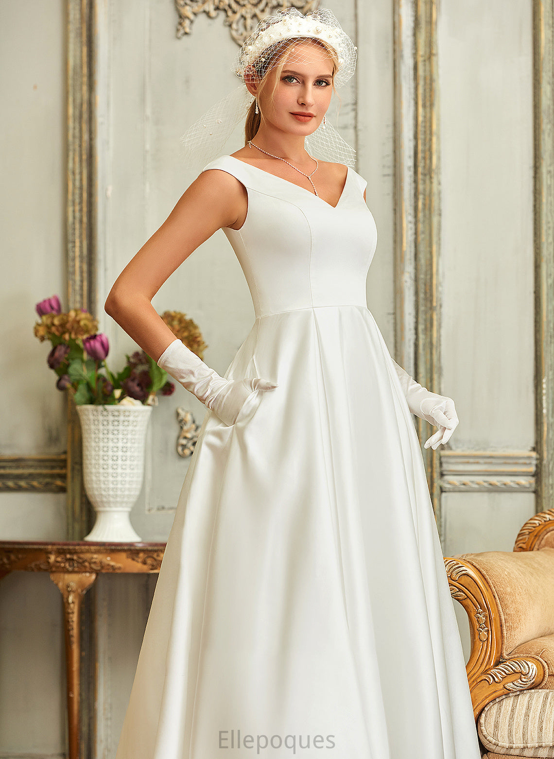 Asymmetrical Ball-Gown/Princess Satin Wedding Dresses Wedding V-neck Pockets With Dress Charlize