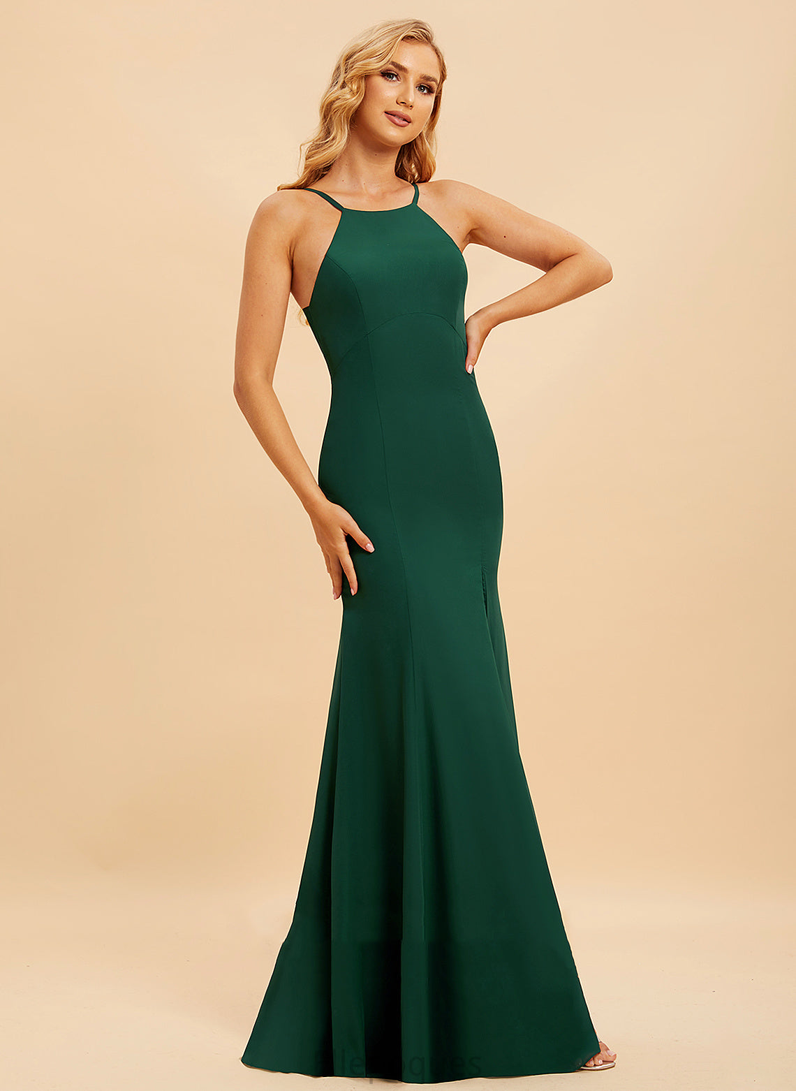 Embellishment Floor-Length Fabric Trumpet/Mermaid HighNeck Length SplitFront Neckline Silhouette Elsa Sleeveless Spaghetti Staps Bridesmaid Dresses