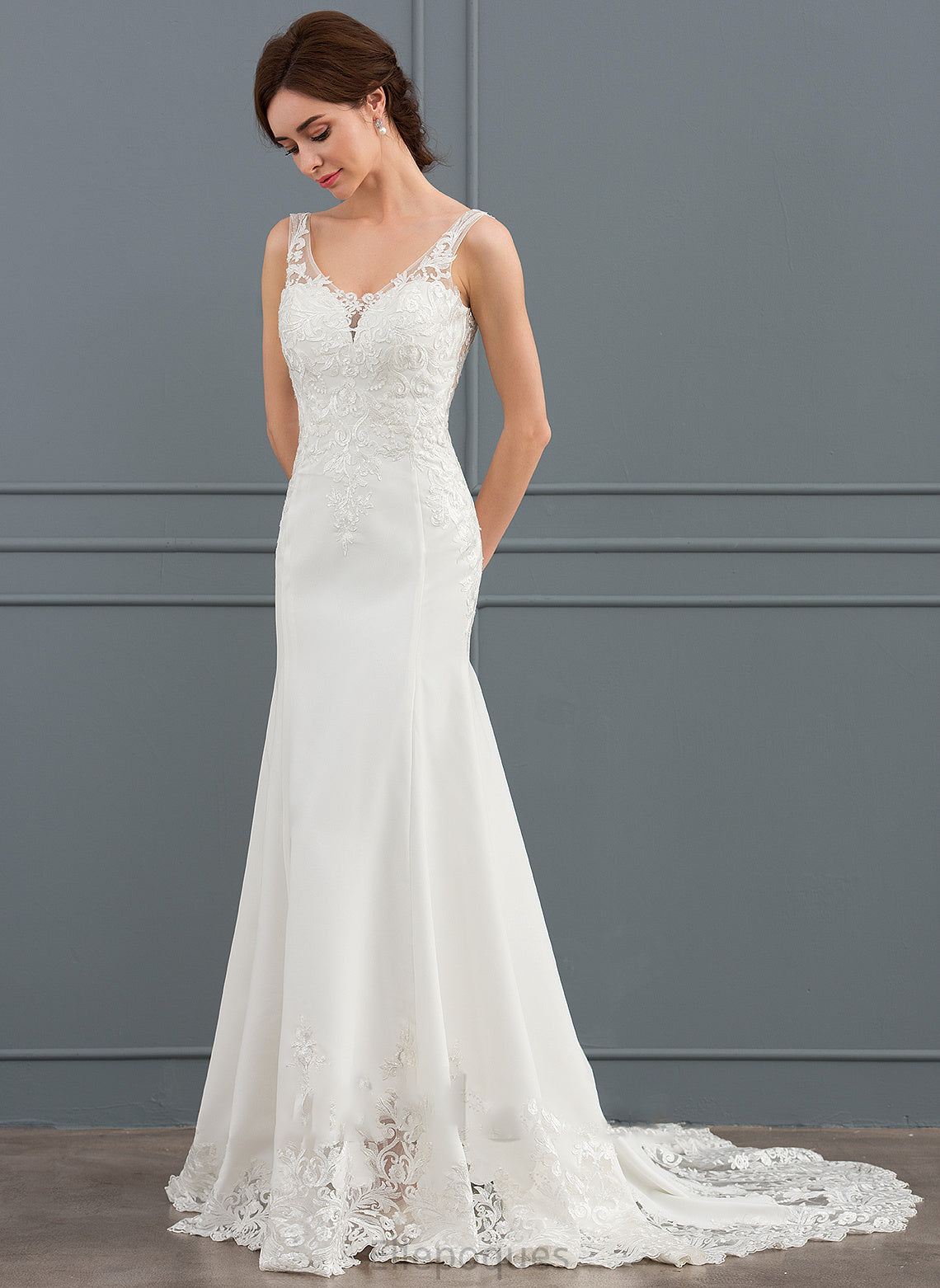 V-neck Court Vanessa Wedding Dresses Wedding Stretch Dress Train Sequins Crepe Trumpet/Mermaid With Lace