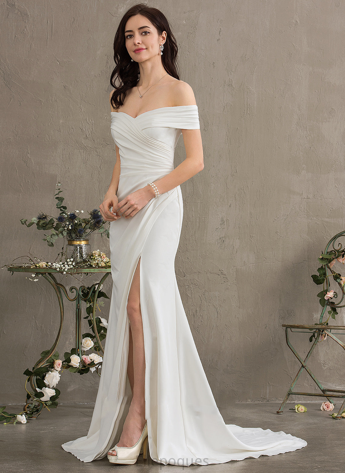 Dress Melinda Off-the-Shoulder Stretch Crepe With Sheath/Column Front Split Wedding Dresses Ruffle Wedding Sweep Train