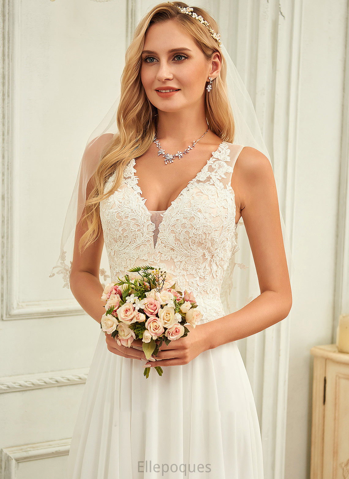 Lace Chiffon Wedding Dresses V-neck Dress Train With Sweep Noemi Lace Wedding A-Line