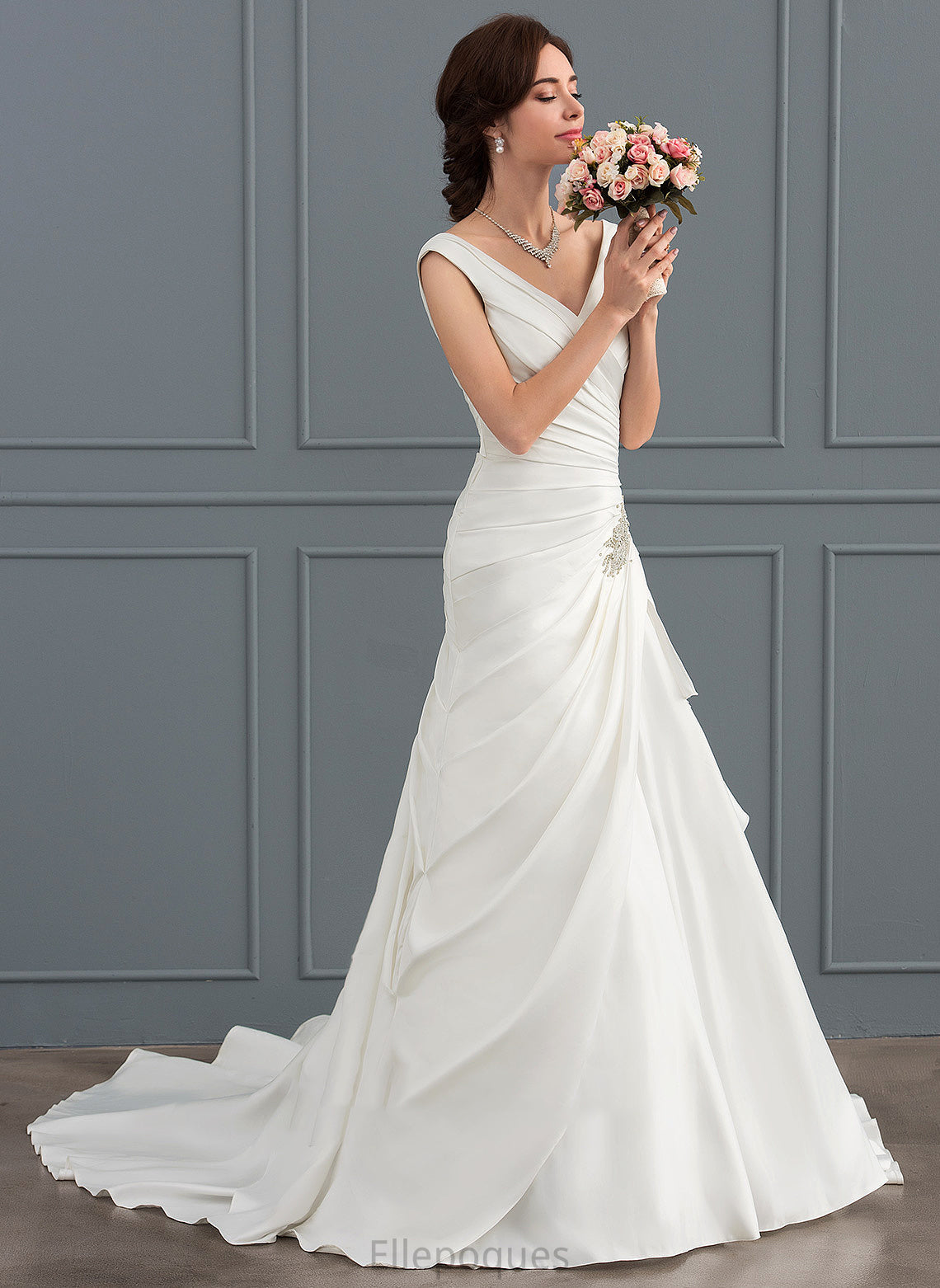 Aniyah A-Line Wedding Dresses With Beading Court V-neck Train Wedding Satin Dress