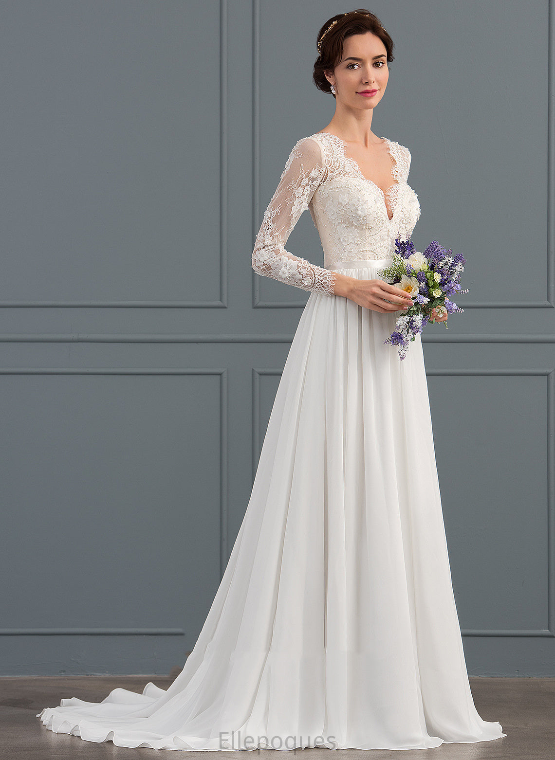 Sweep Wedding Dresses Sequins Train Dress Cassie With Lace Chiffon Wedding A-Line Beading V-neck