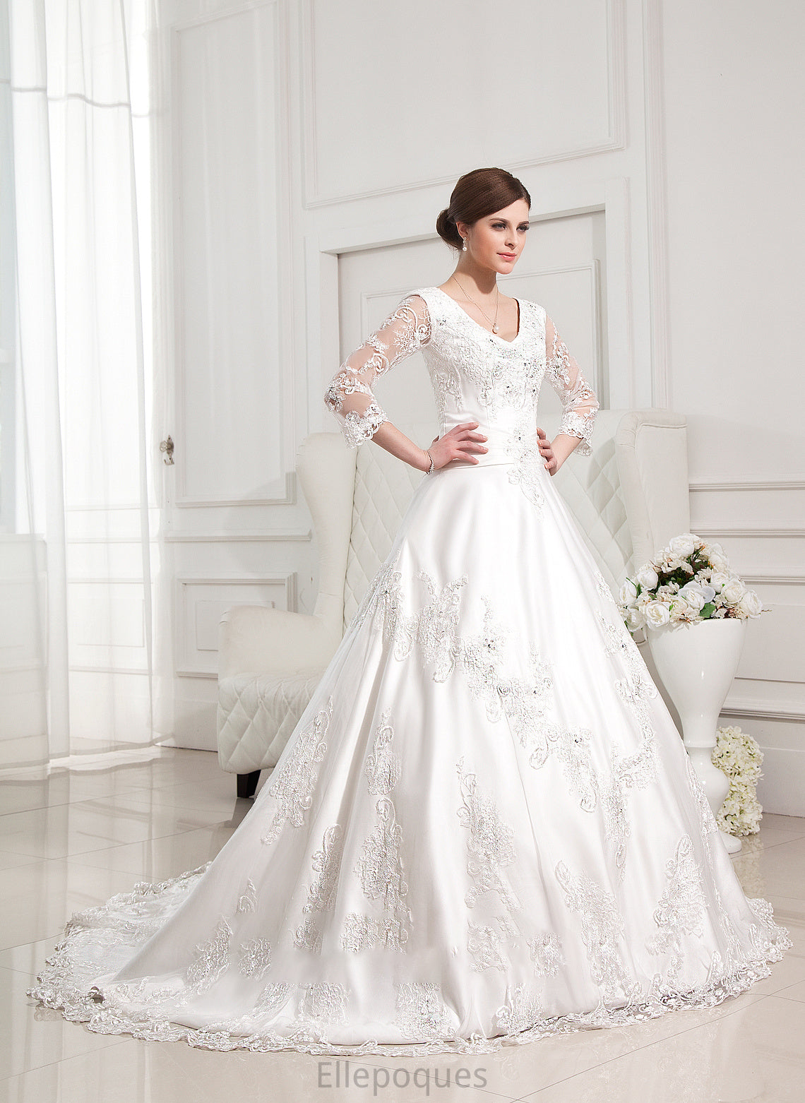 Appliques Ball-Gown/Princess Mariah Chapel Dress Train Satin With Beading Lace V-neck Wedding Wedding Dresses