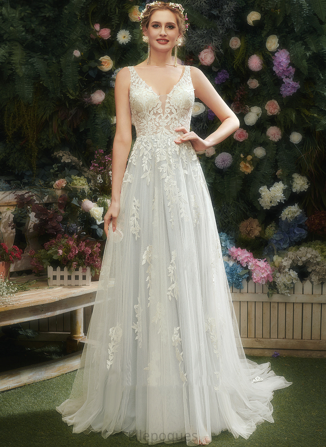 Lace Dress Court V-neck With A-Line Wedding Wedding Dresses Pam Tulle Train