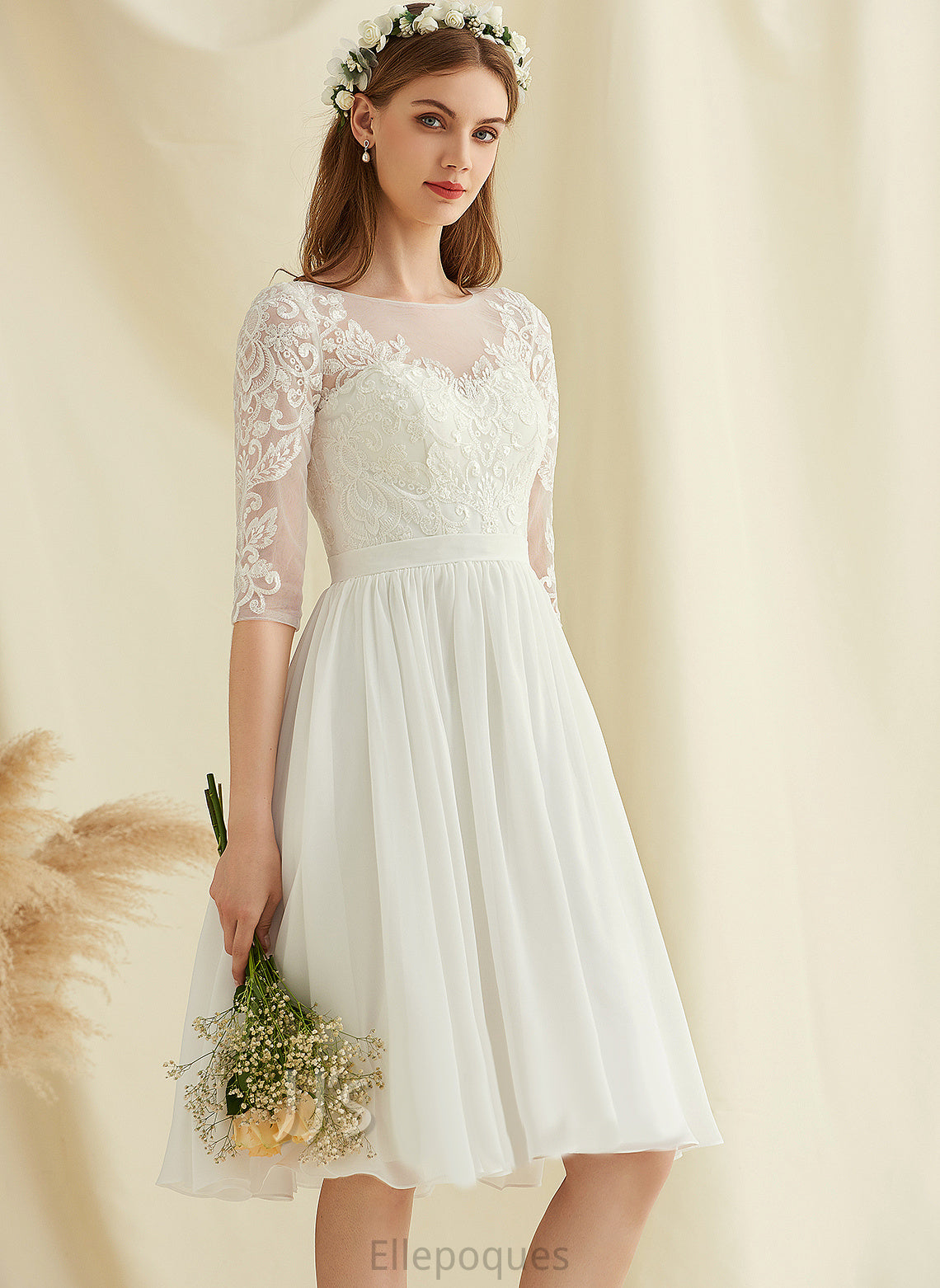 Knee-Length Dress Wedding With Lace A-Line Chiffon Sequins Wedding Dresses Cherish Scoop Neck