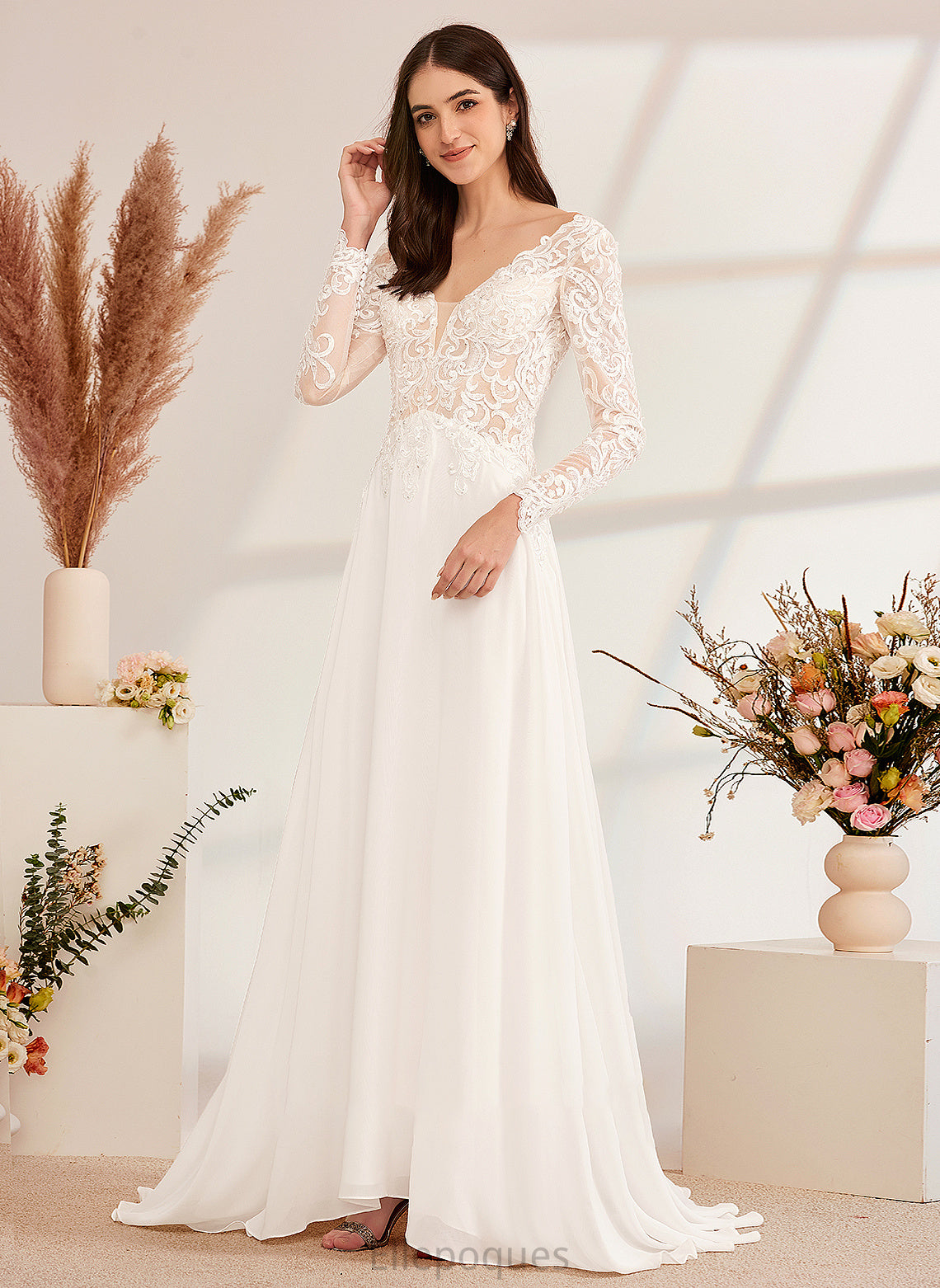 Sweep Beading A-Line Journey V-neck Train Dress Wedding With Wedding Dresses