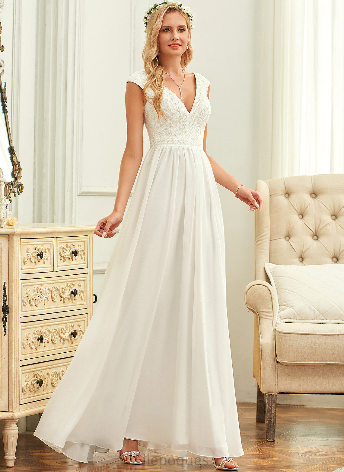 Lace Meg Wedding Dresses Floor-Length Wedding Dress A-Line Chiffon V-neck