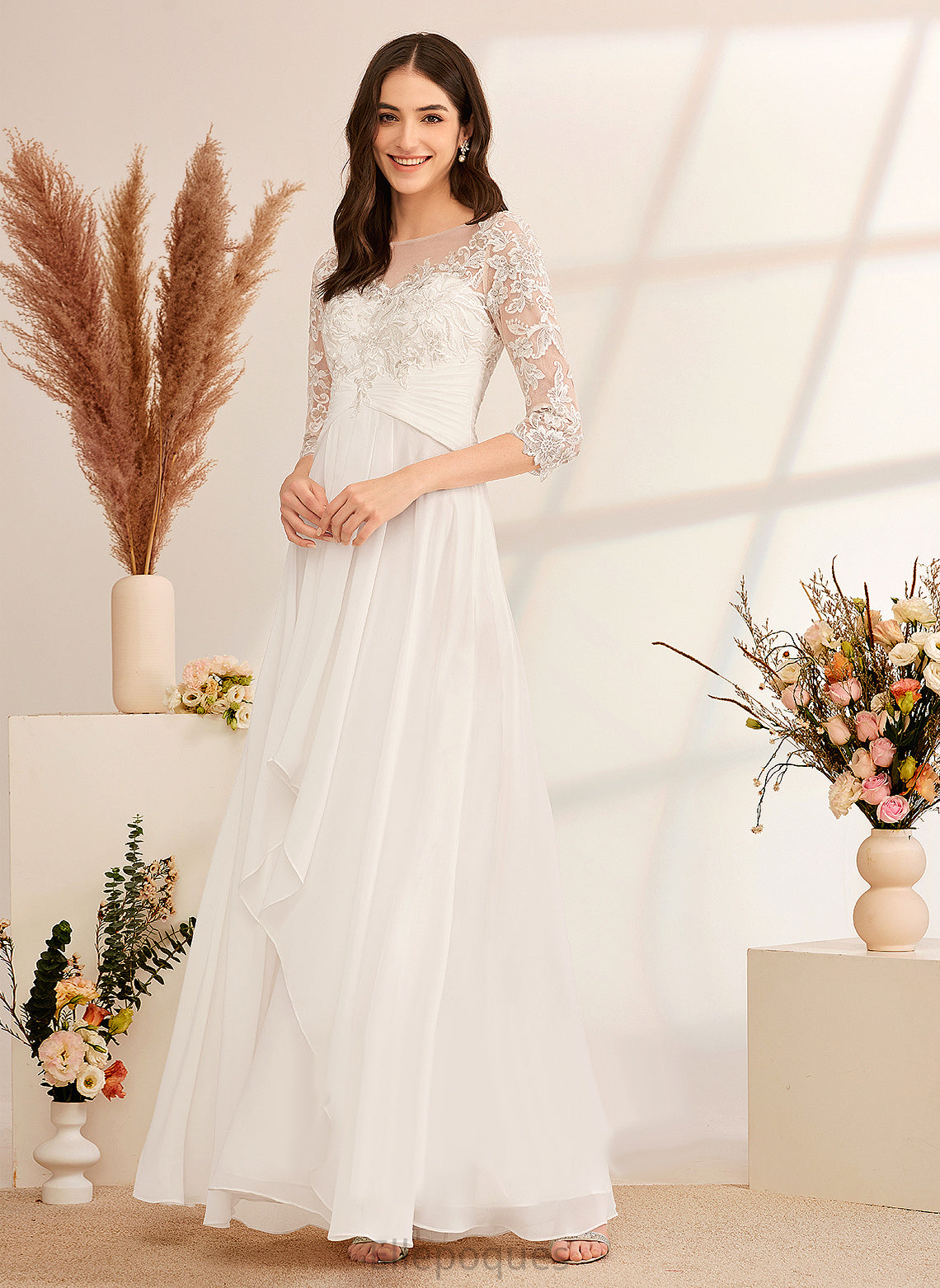 Wedding A-Line Aubrie Lace Floor-Length Ruffle Dress Chiffon Illusion Wedding Dresses With Beading