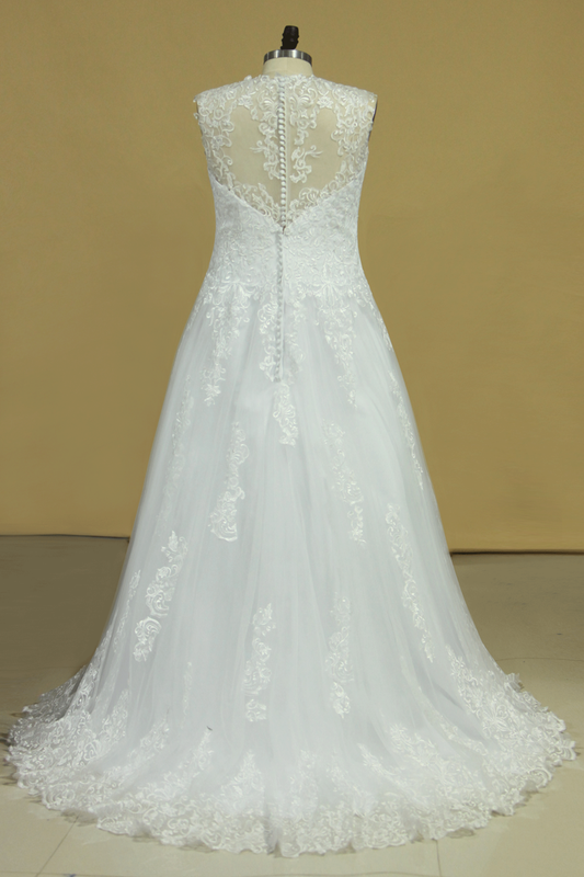 2024 Plus Size A Line V Neck Wedding Dresses Tulle With Applique Court Train